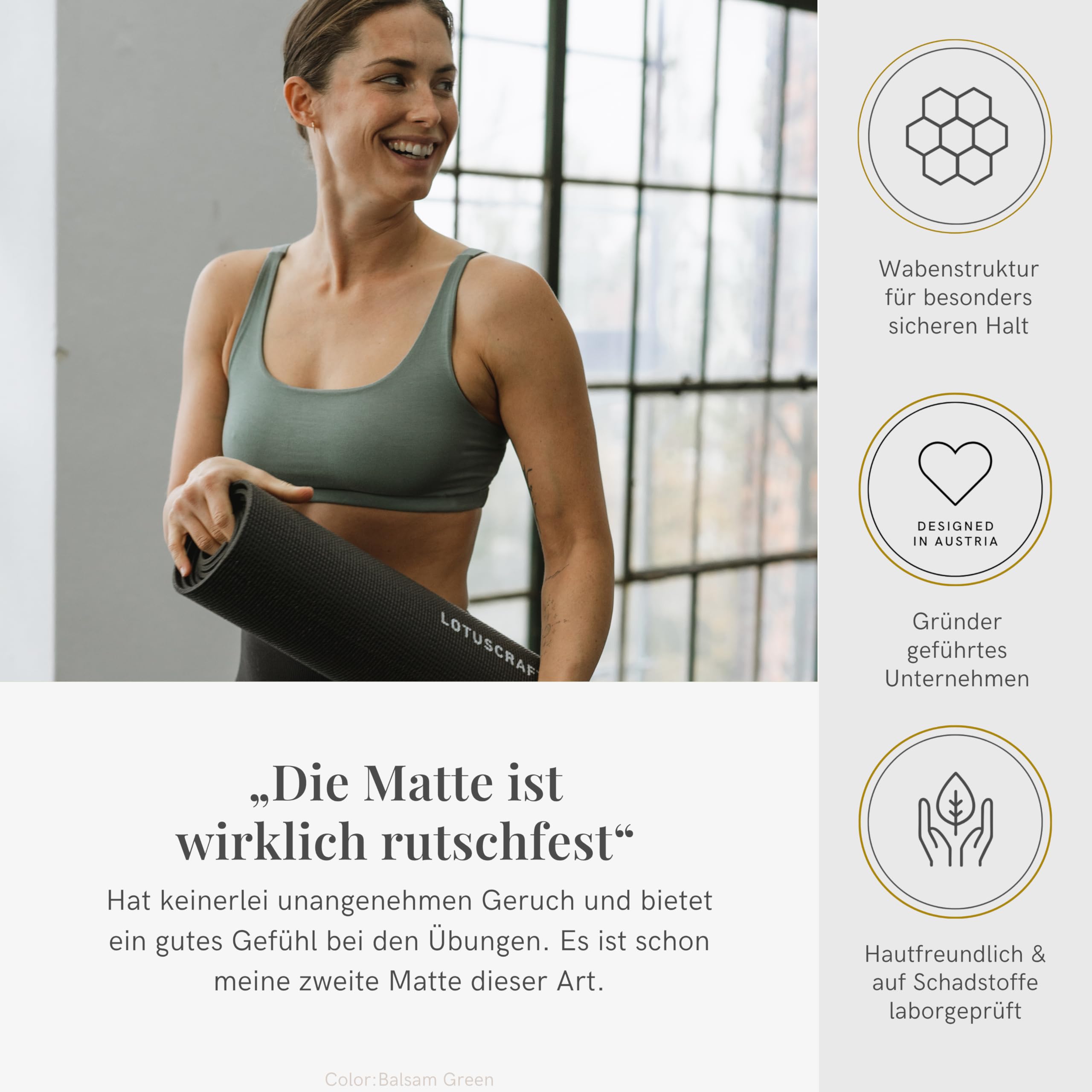 Lotuscrafts® Yoga Matte Rutschfest, 183 x 61 x 0,5 cm, Leichte Fitnessmatte auch als Gymnastikmatte, Sportmatte - Hautfreundlich & Schadstoffgeprüft