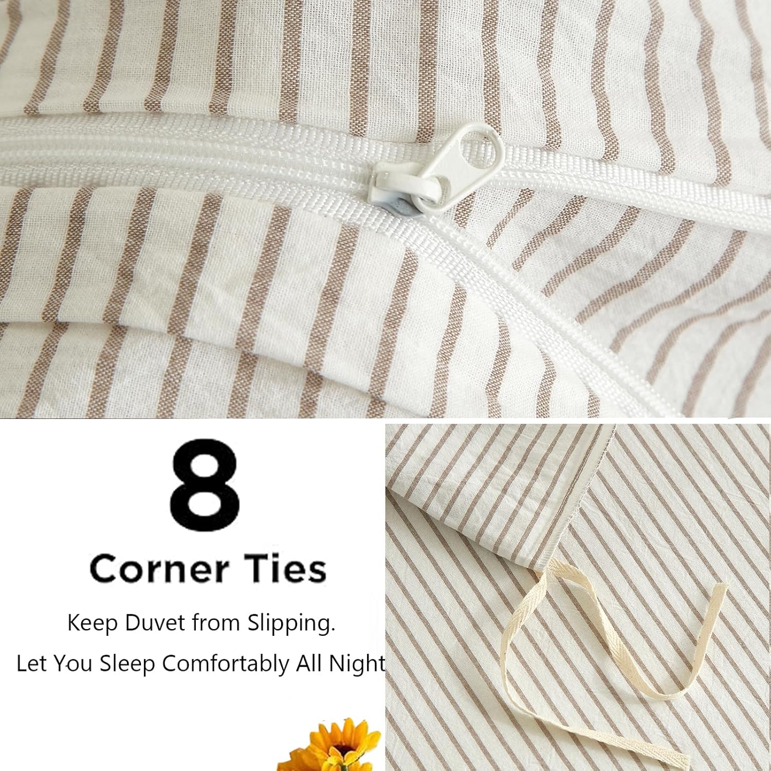 Striped Duvet Cover Set Queen Size 3 Pcs Breathable Durable 100% Washed Cotton Comforter Cover for All Seasons Chic Linen Like Textured Bedding Set (White Light Brown Pinstripes, Queen)
