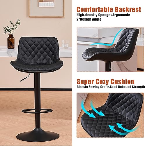 Miniatura 9 de YOUTASTE Taburetes de bar negros de altura de mostrador, juego de 2 taburetes de bar ajustables giratorios de piel sintética con respaldo acolchado,