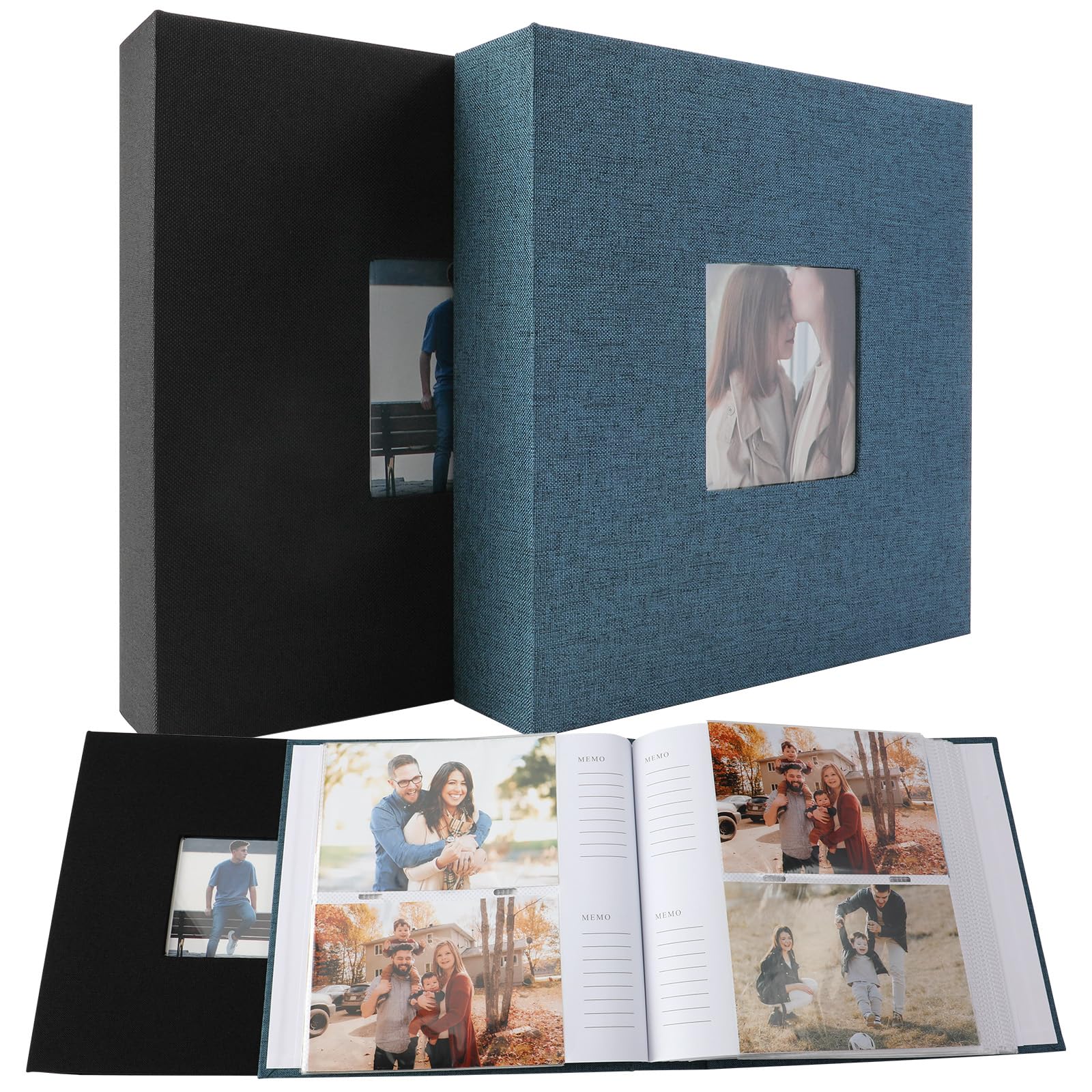 Álbum de fotos para 4 x 6, 3.5 x 5, 3 x 4, con 200 hojas, páginas interiores autoadhesivas, cubierta de lona, para aniversario de boda familiar (negro, azul marino)