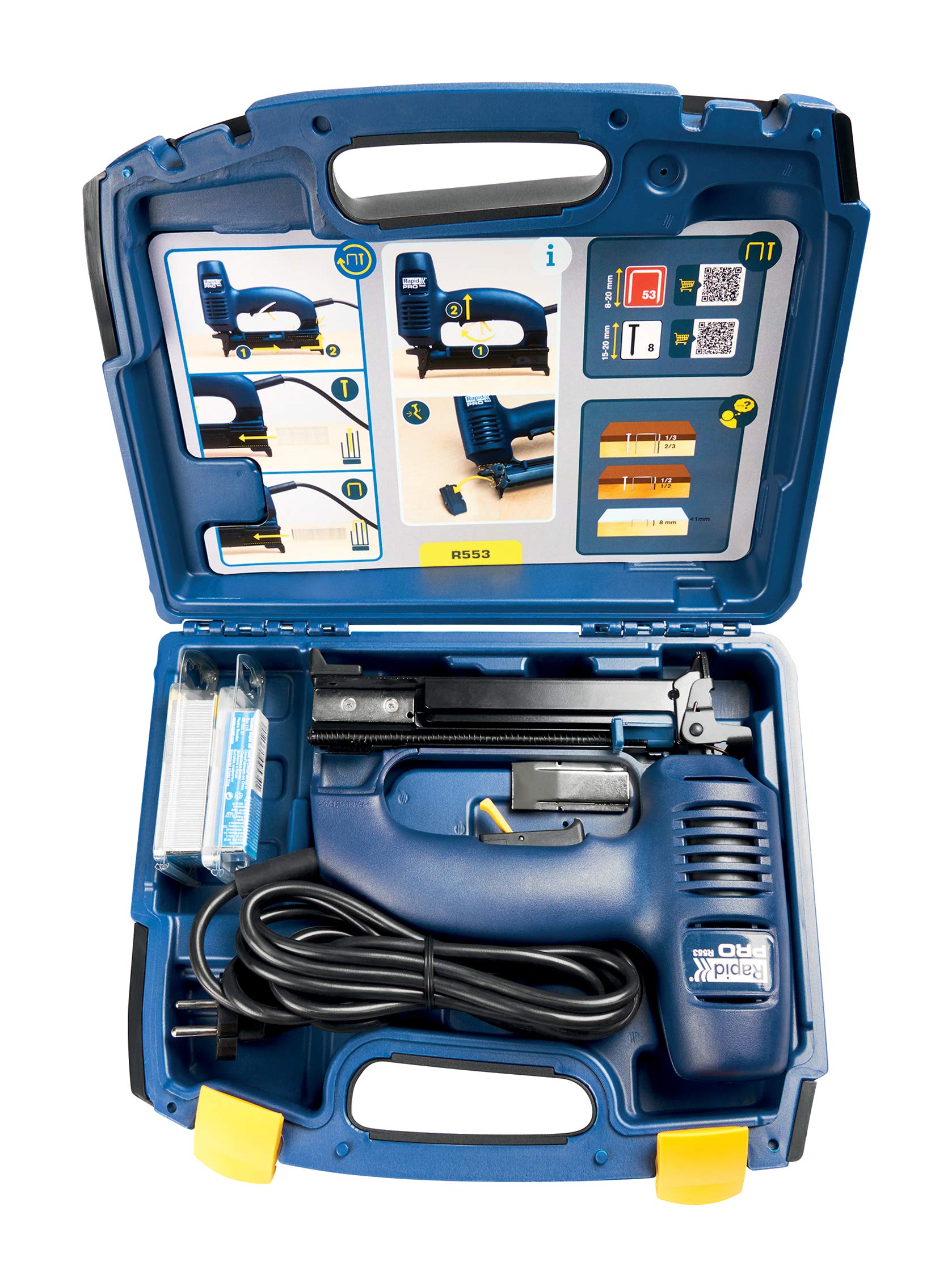 Rapid Elektrotacker R553 für Klammern Typ 53 und Nägel Typ 8 | Feindrahtklammern Typ 53 (8-20 mm); Nägel Typ 8 (15-20 mm); Schlagkraftregulierung; Rückschlagfrei; Extra lange Nase