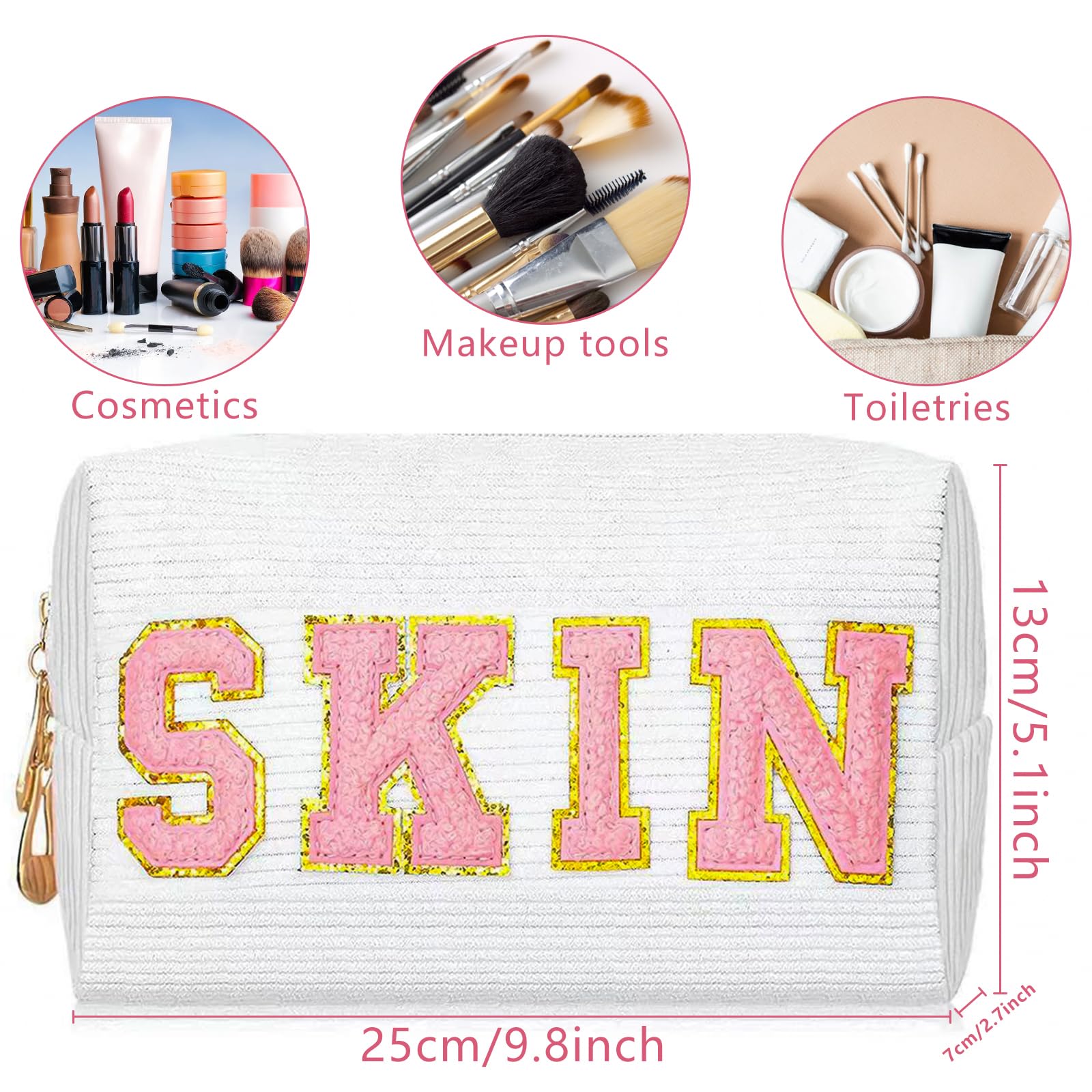 Yoolly Cosmetic Bags for Women Corduroy Makeup Bag, Chenille Letter Organizer Skin Care Bag - Image 2