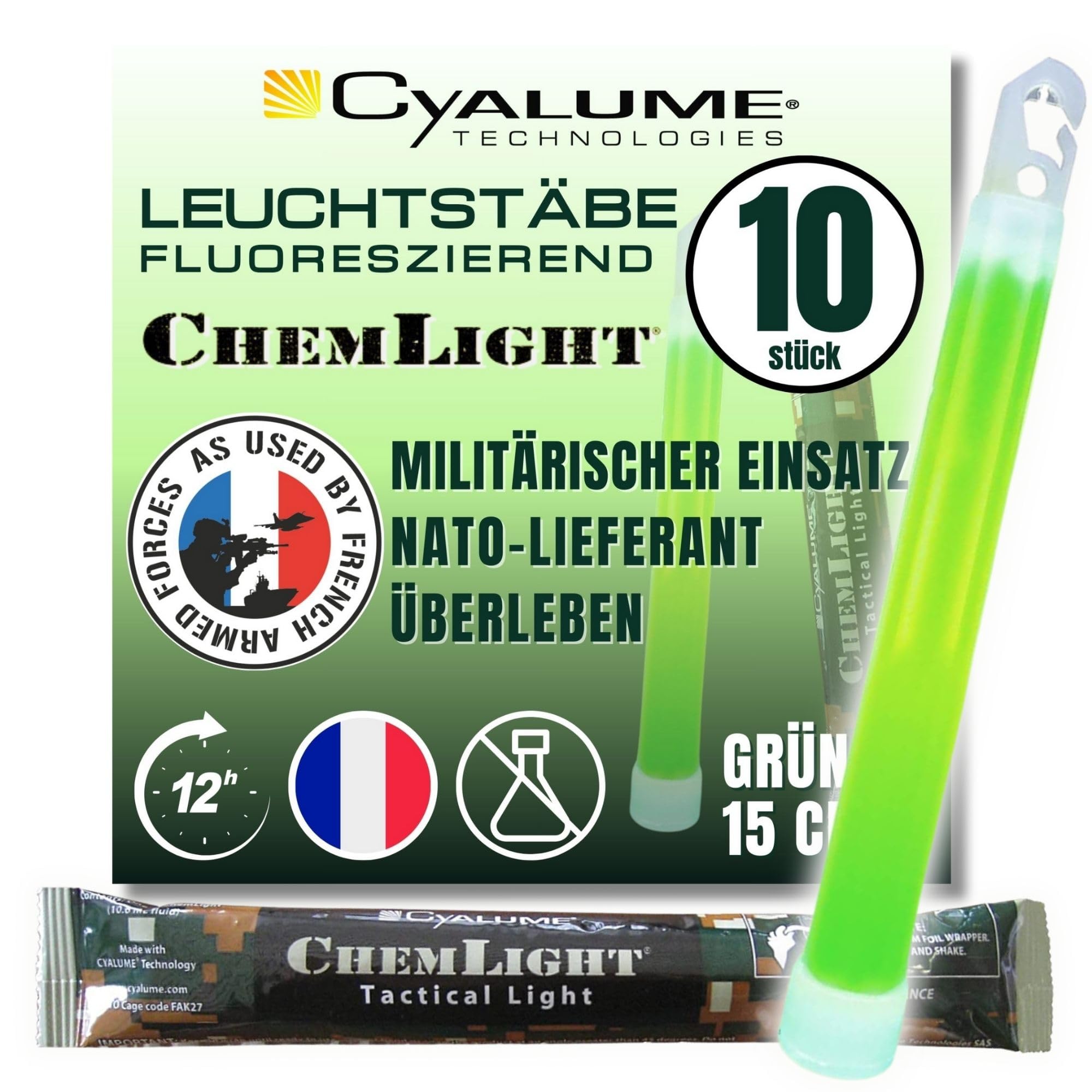 Cyalume ChemLight Military Grade Chemical Light Sticks, Green 6" Long, 12 Hour Duration (Pack of 10)