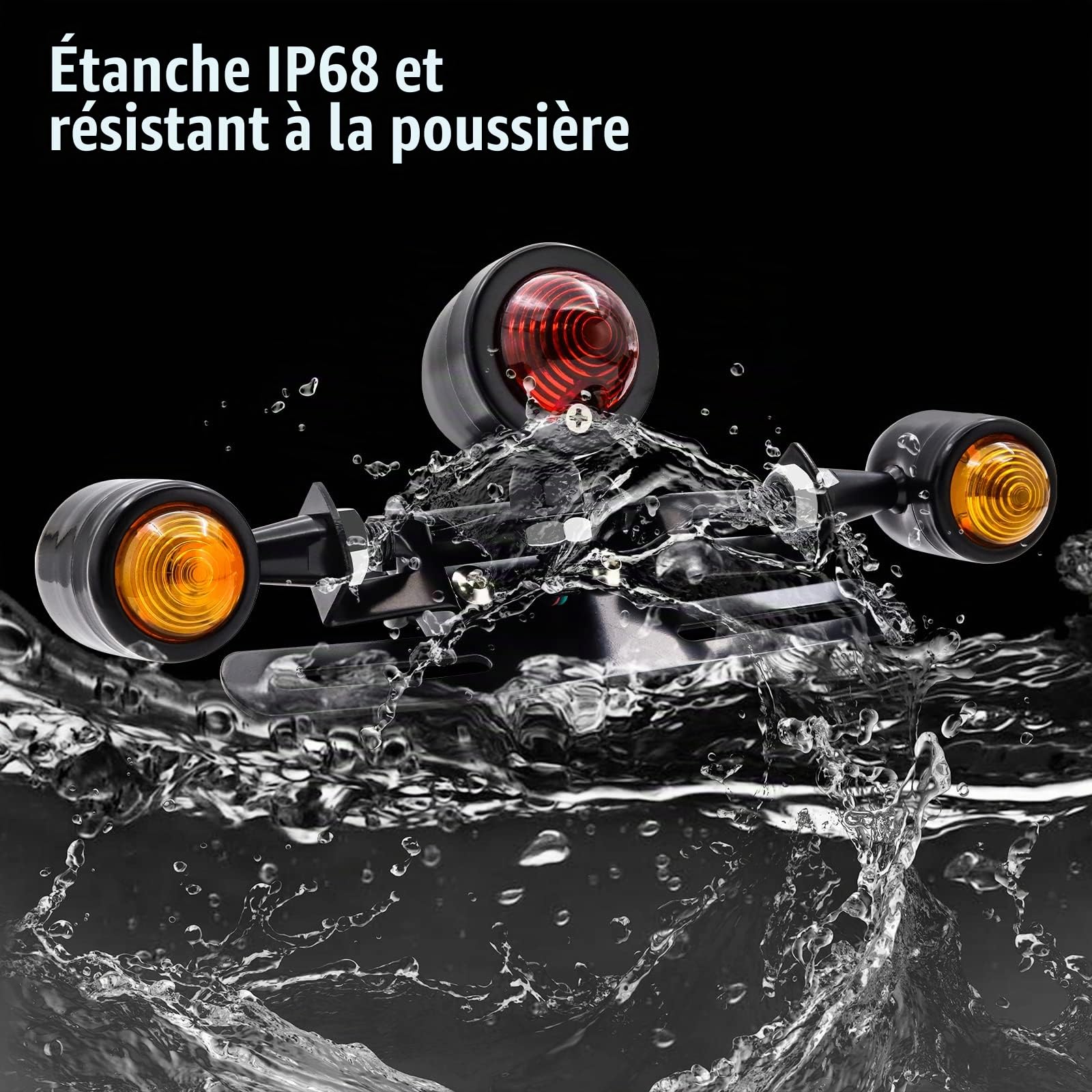 Feu arrière de moto, 12V 3 têtes en forme de balle intégré led feu stop clignotant lampe universelle de plaque d'immatriculation de moto, noir.