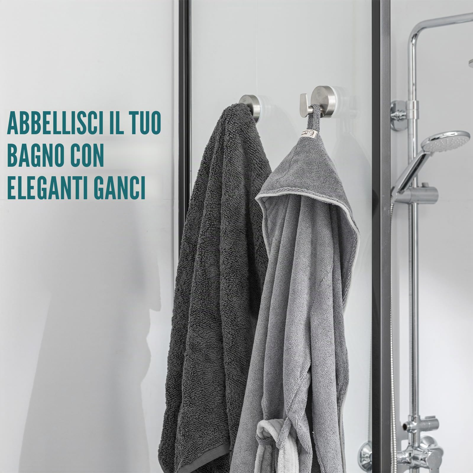 TAILI Ganci per asciugamani da bagno con ventose senza foratura, in acciaio inossidabile, riutilizzabili, ganci per doccia e bagno, impermeabili, resistenti, ganci rimovibili per doccia, cucina