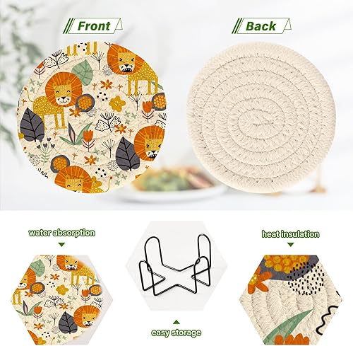Miniatura 4 de Cute Lion Tropical Plants Drink Coasters Coasters for Drinks Absorbent Set with Holder 6 Pack Home Coasters