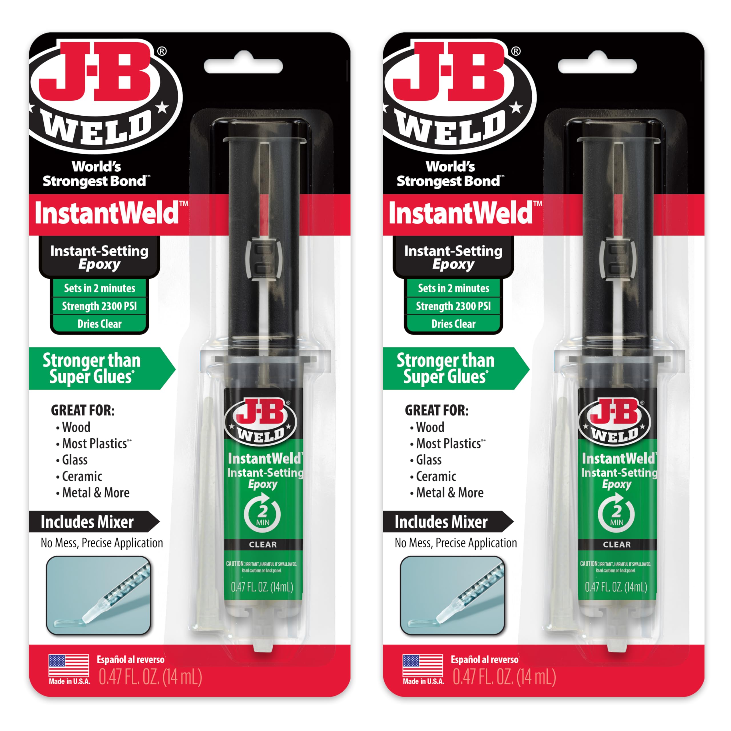 J-B Weld InstantWeld 2 Pack - Clear, 2 Minute Set Epoxy Adhesive, Static Mixer No Mess Application - 14ml