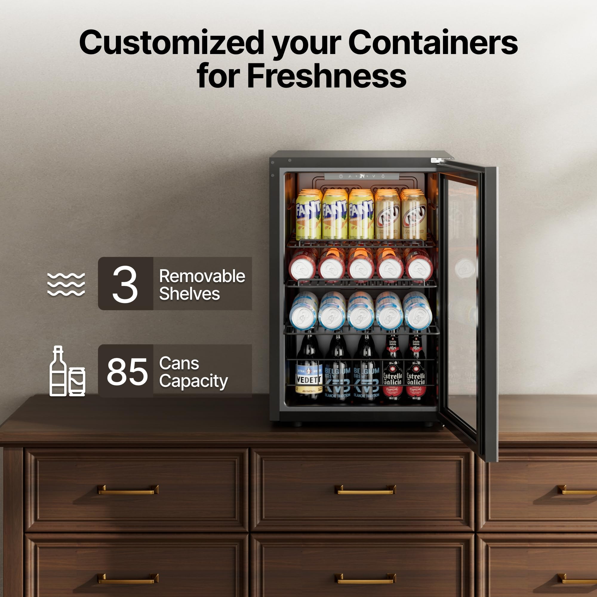 Ca'Lefort Mini Fridge Beverage Cooler, 85 Can Beverage Refrigerator With Reversible Glass Door, Adjustable Shelves For Soda, Beer & Drinks, Digital Temperature Control For Dorm, Office & Home on Fridge.com - View 5