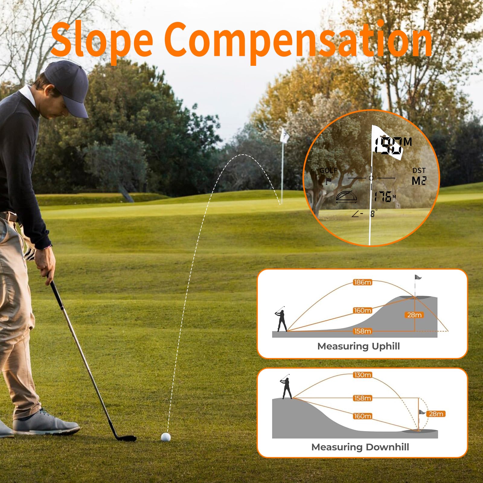 iafer - Telemetro da golf con pendenza e 1.200 metri, ricaricabile, con ingrandimento 7x, con vibrazione di bloccaggio del palo della bandiera