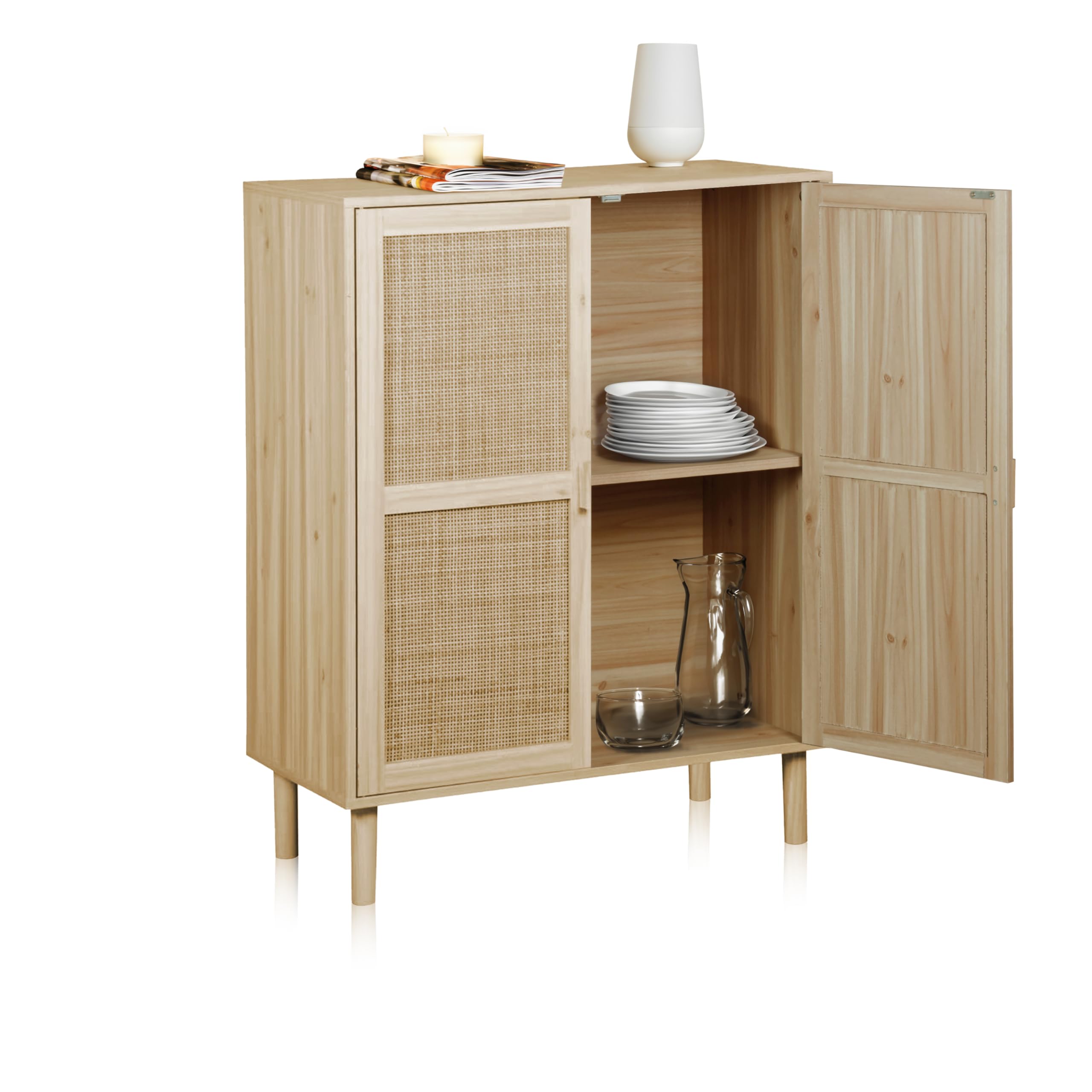 Armario bajo con patas de pino y rattan duehome mueble auxiliar boho chic para el salon