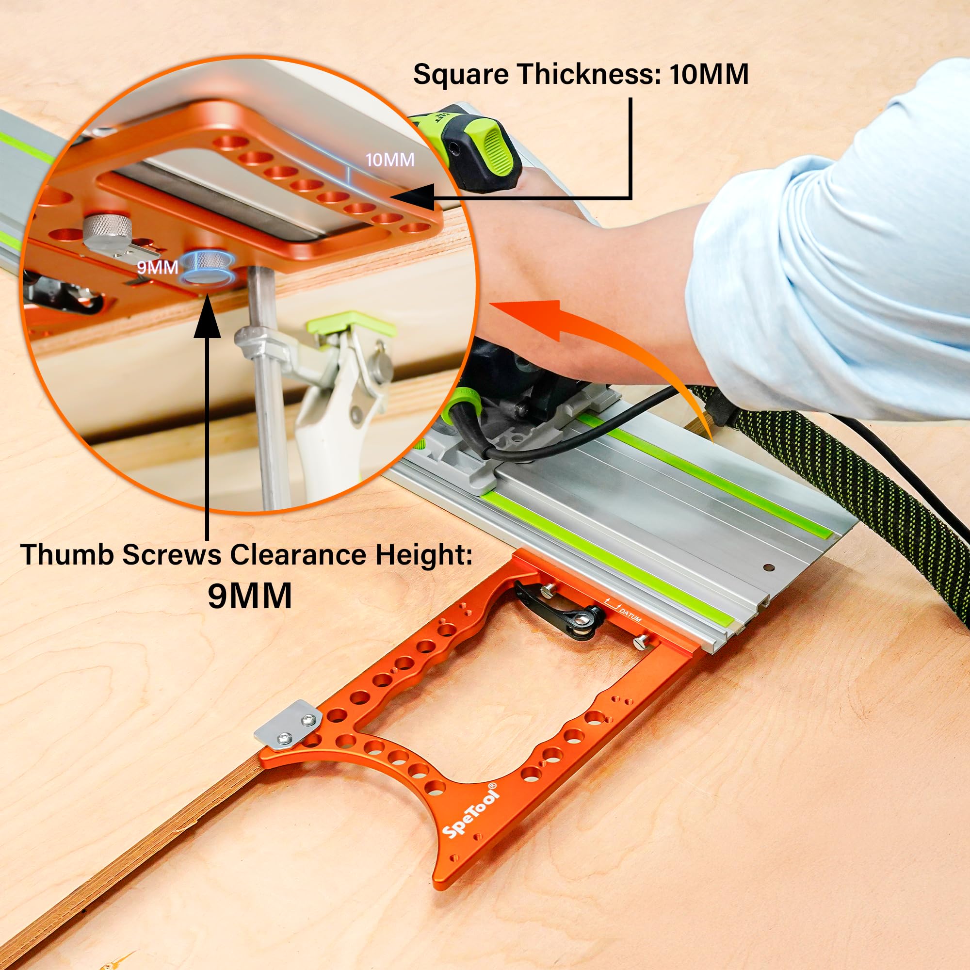 SpeTool Sierra cuadrada de precisión de 90°, ángulo recto de ±0.01°, carril de guía de sierra de carril, bloqueo rápido y protección de riel, extra grande y grueso, compatible con Festool, Makita