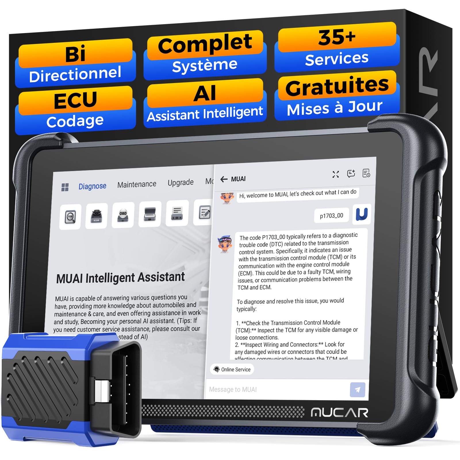 mucar 892BT Valise Diagnostic Auto, Diagnostic Intelligent par IA, Bi-directionnel, Codage en Ligne de l'ECU, Diagnostic Complet du Système, 34+ Services Réinitialisation, Guide V.A.G, CANFD&DOIP&FCA