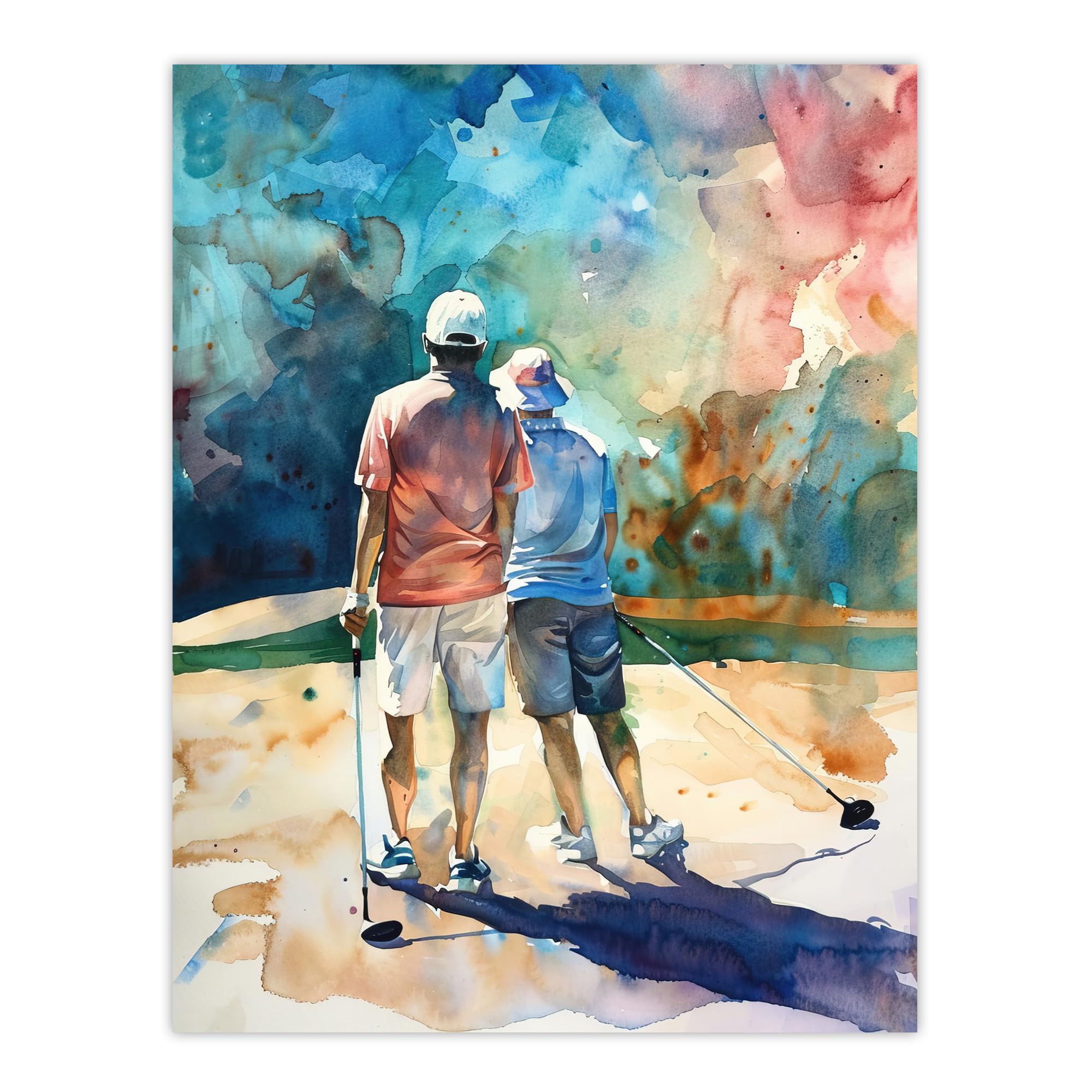 Artery8 Two Golfer Friends in Bunker Watercolour Golf Sun Man Cave Fathers Day Extra Large XL Wall Art Poster Print