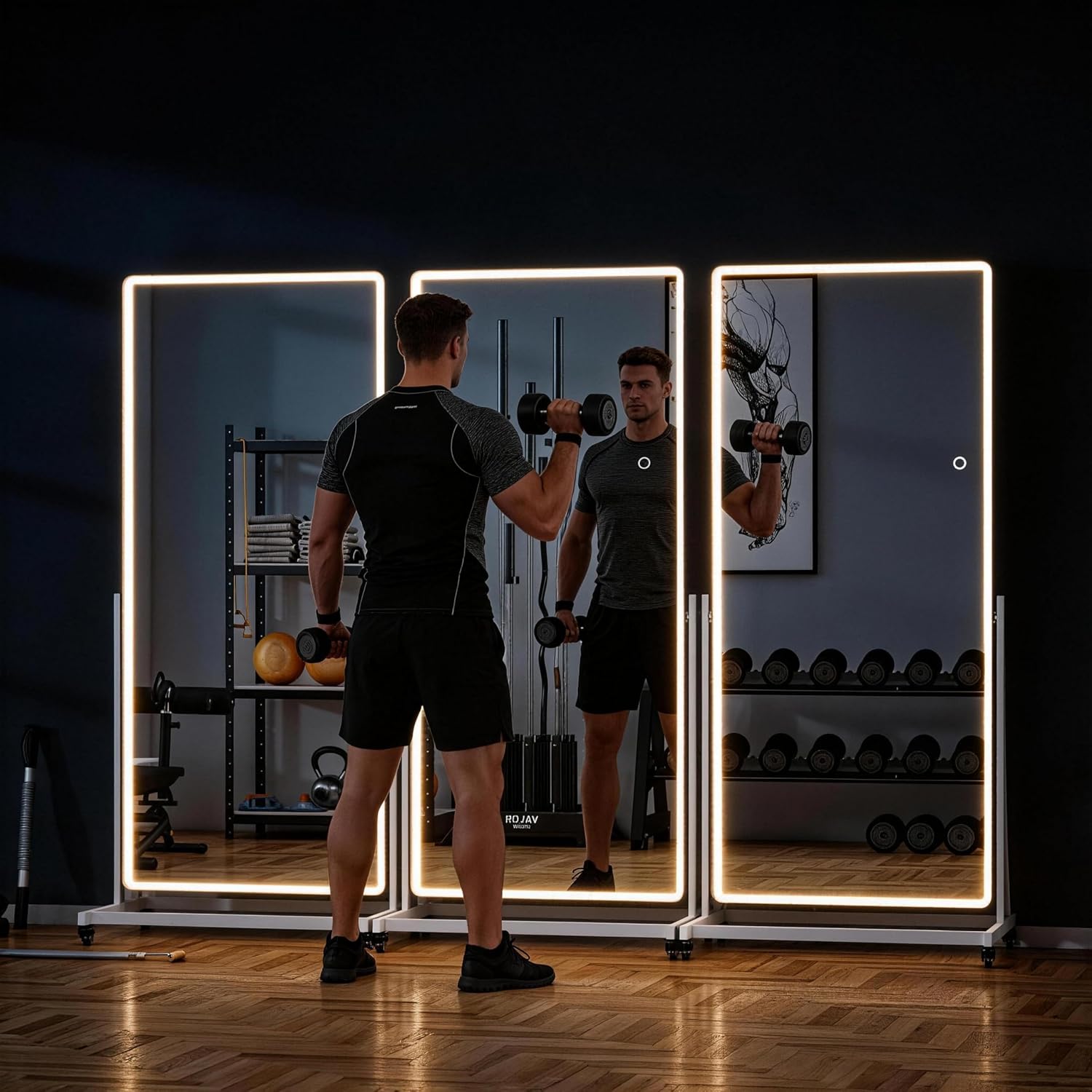 Full-body Rolling Mirror with LED Lights and Wheels, 65" x 24" Home Gym Mirrors with 360° Rotation, Dimmable & 3 Color Lighting Cloakroom, Tempered Glass & Metal Frame, Use for Bedroom, Dance Studio