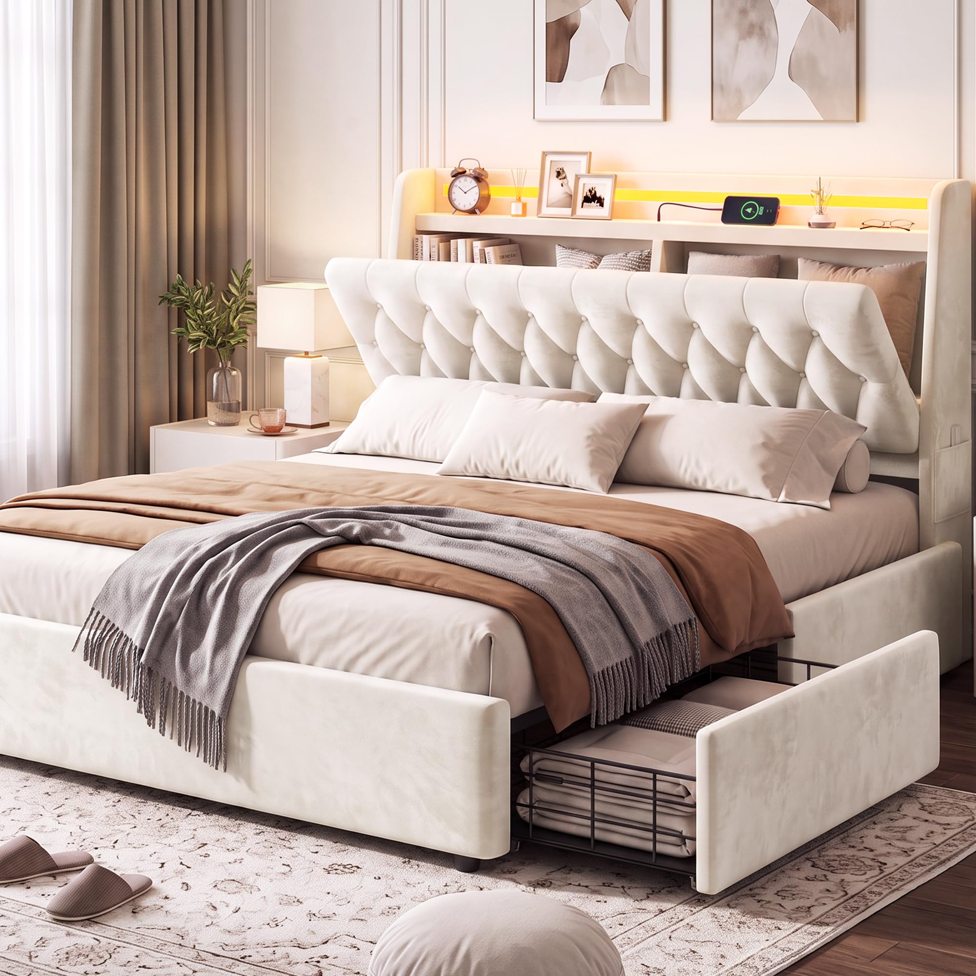 Jocoevol Queen LED Velvet Bed Frame with 2 Storage Drawers&Hidden Headboard