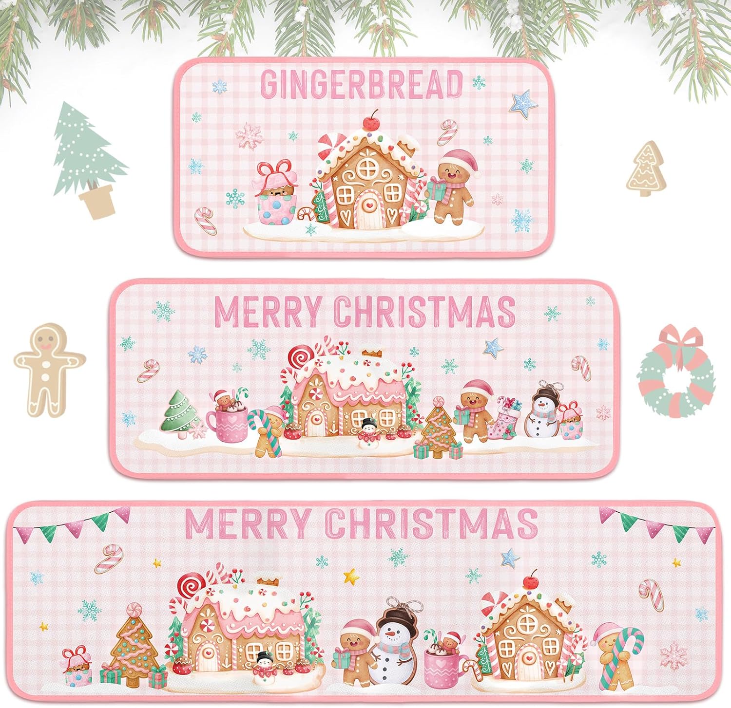 Dunzy 3 Pcs Christmas Gingerbread House Kitchen Rugs Xmas Ginger Bread House Candy Cane Mats Christmas Pastel Home Bathroom Floor Rugs for Holiday Party Kitchen Decor 17x59, 17x47, 17x31 Inch