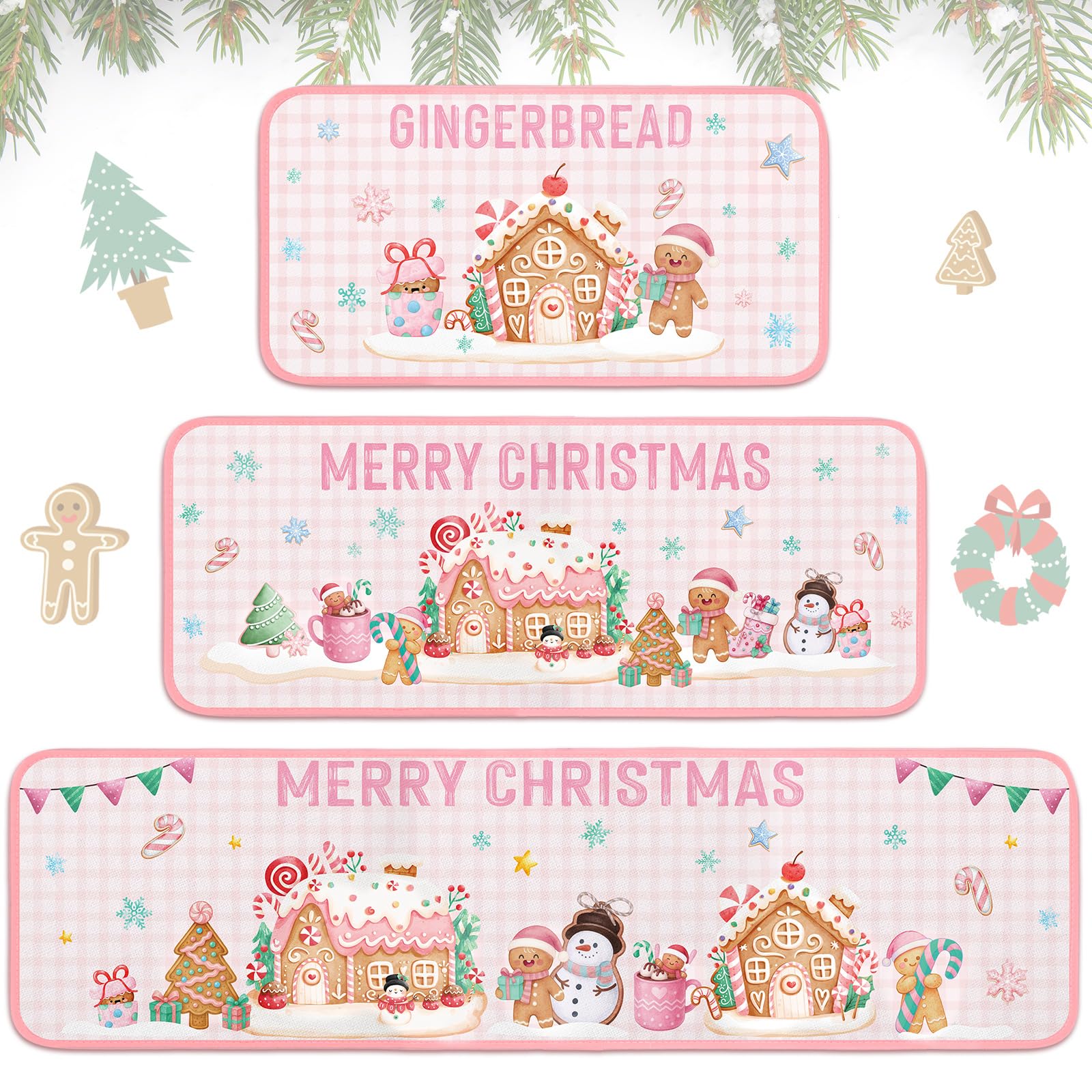 Photo 1 of Dunzy 3 Pcs Pastel Christmas Gingerbread Kitchen Rugs Xmas Ginger Bread Man Candy Cane Mats Christmas Home Bathroom Floor Rugs for Holiday Party House Kitchen Decoration 17x59, 17x47, 17x31 Inch
