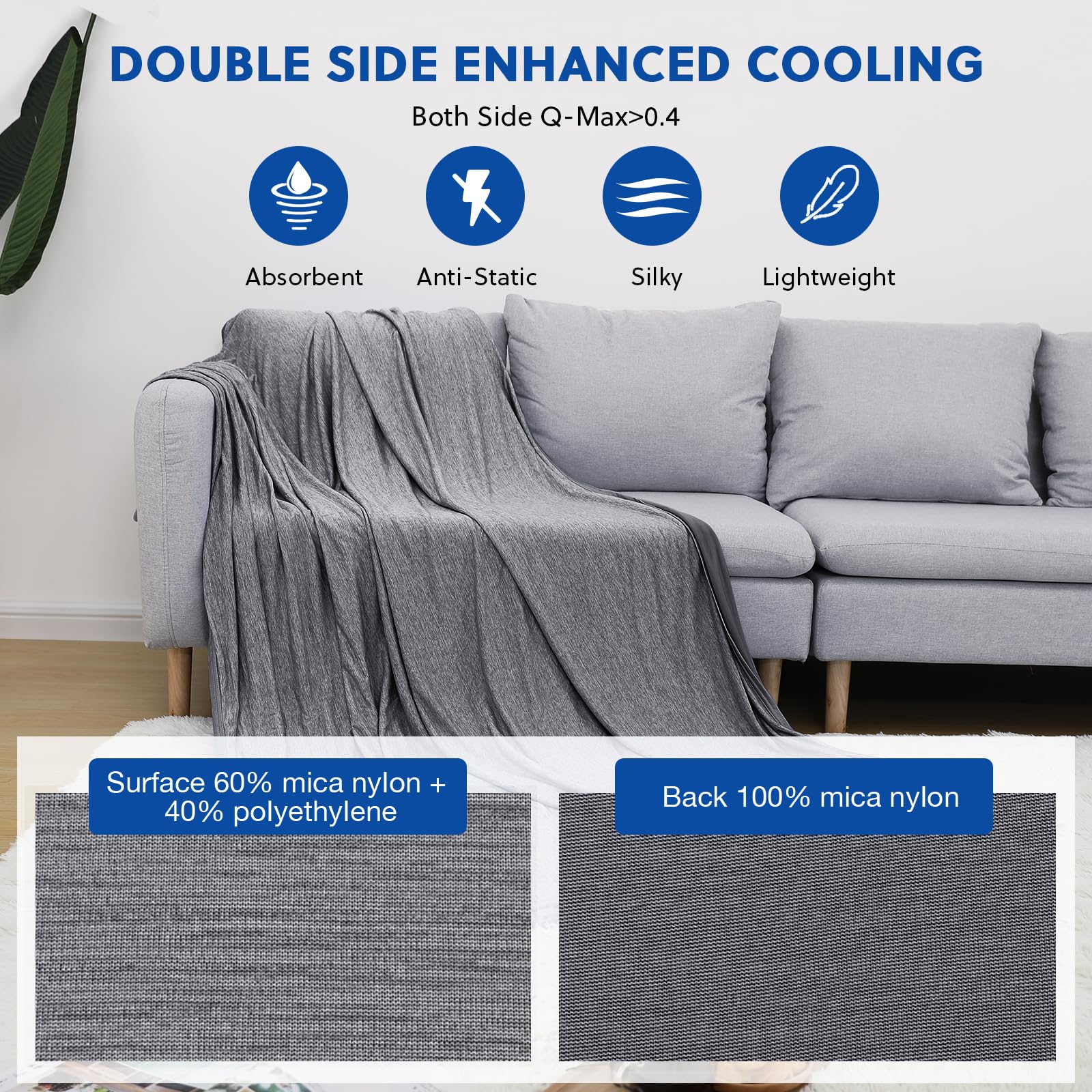 HOMFINE Coperta termica per dormienti caldi – Coperta estiva leggera con Q-Max giapponese > 0,43 fibre fredde, 2 in 1, double face, coperta da viaggio, Grigio Scuro, 230 X 275 CM