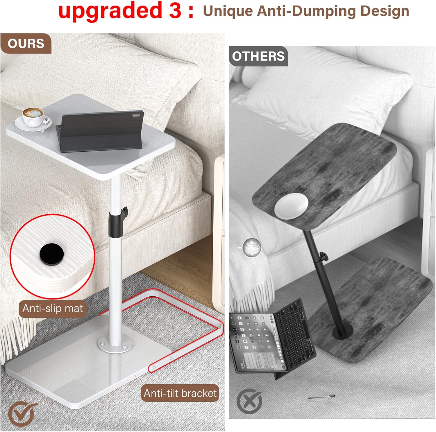 C Table End Table Adjustable Height, 360°Swivel TV Tray Table, Upgraded Metal and Wooden Base to Prevent Slipping, Couch Armrest Tables Snack Tables for Laptop Sofa Bed Dinner or Small Space (white)