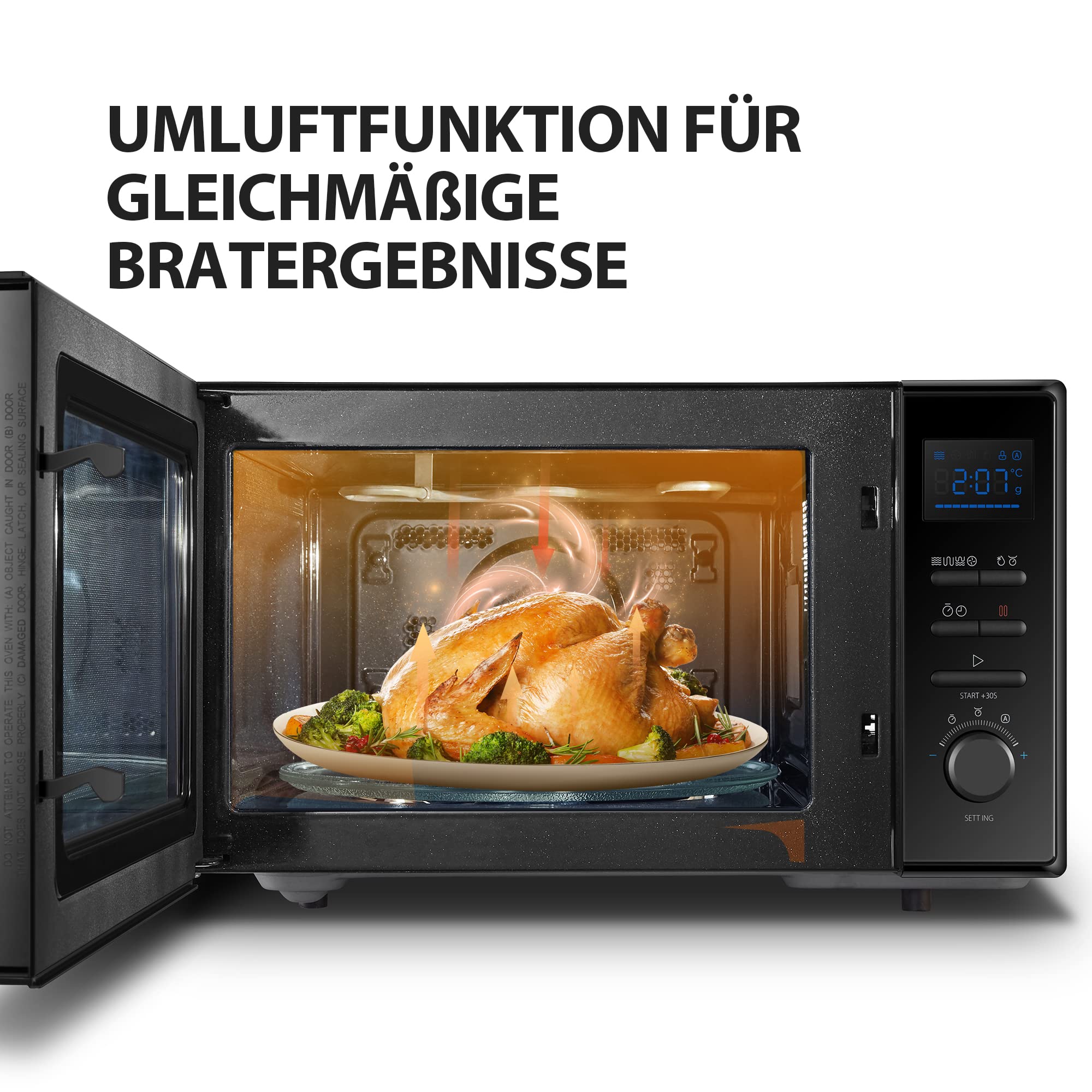 Toshiba Freistehend MW2-AC25TF(BK) 4-in-1 Mikrowelle mit Heißluft & Grill & Kombi Funktion / 25L / 900W / 1100W Grill / 2100W Heißluft/Emaille Innenraum/Drehteller mit Positionsspeicher/Schwarz