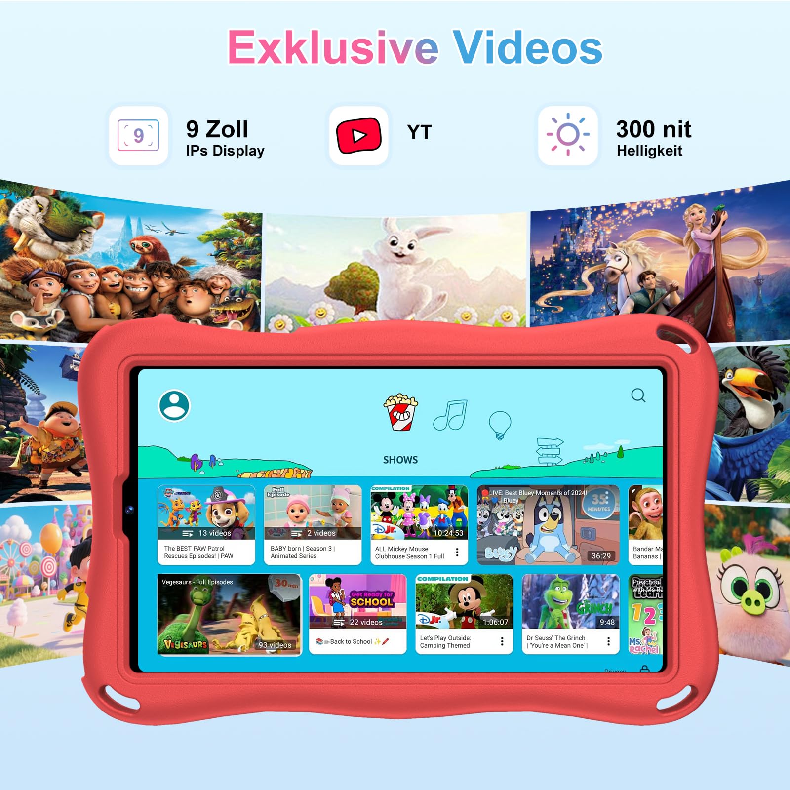 2026 Tablet Android 15 Octa Core Tablets 9 Zoll mit 32GB ROM+TF 2TB 5G WiFi Widevine L1, GPS, Face ID 8 MP + 5 MP 5000mAh,1340 * 800,BT 5.0, Kids Tablet mit Eva Case - Rot
