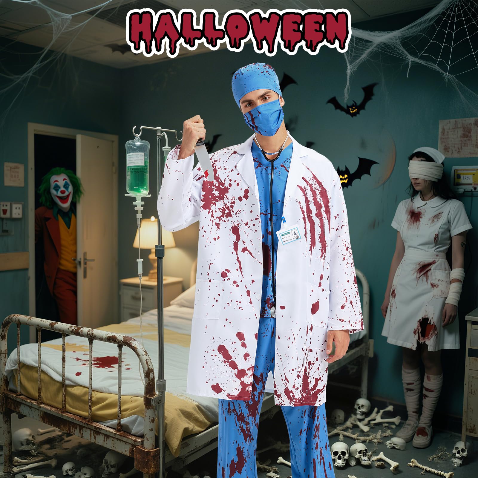 YOOHBERRYS Deguisement Medecin Zombie Homme, Costume Docteur Halloween Horreur, Deguisement Chirurgien Terrifiant Adulte-Blouse, Haut, Pantalon, Chapeau, Masque, Stéthoscope, Faux Couteau, Carte