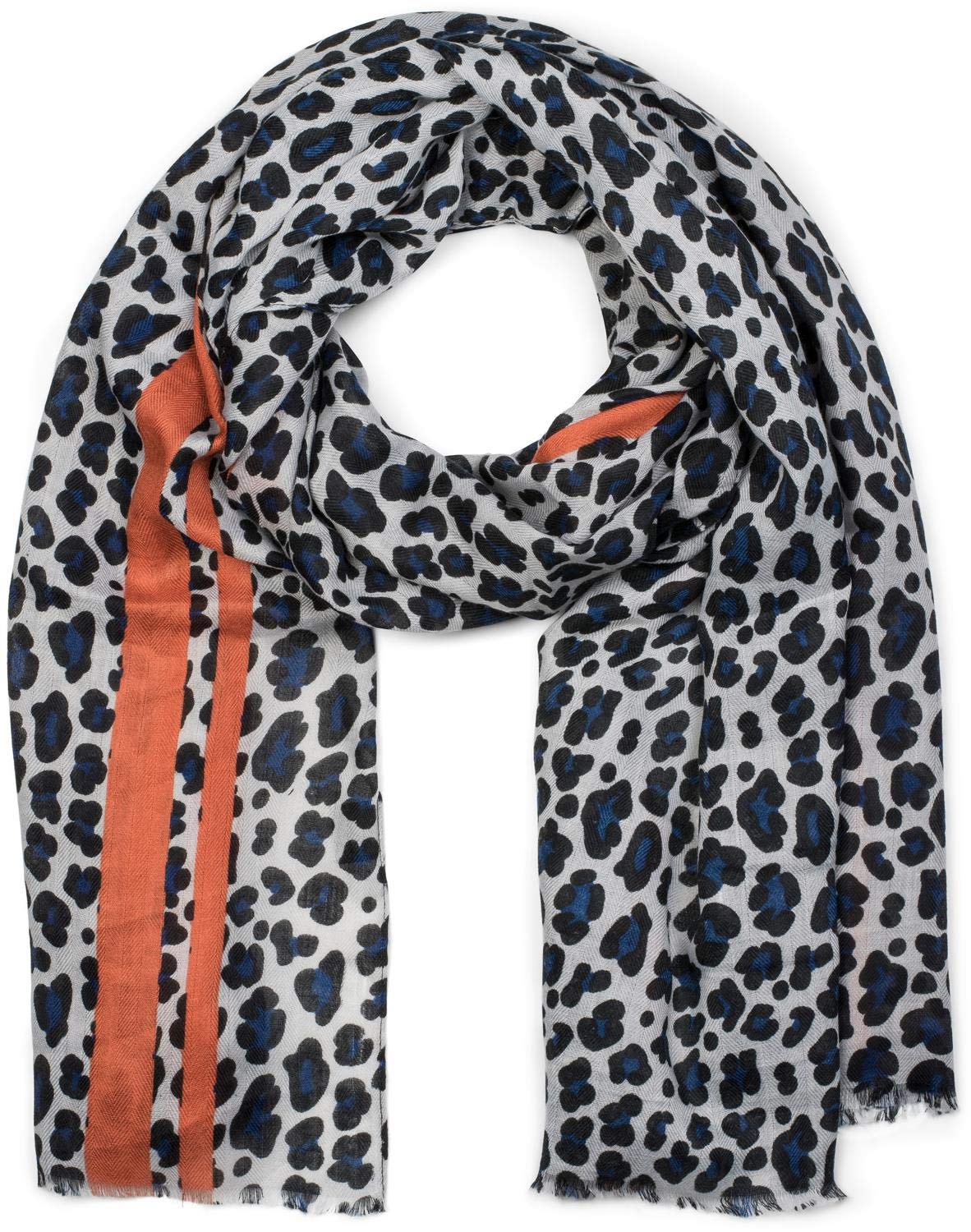 Stylebreaker Women's Blue-Orange Scarf With Leopard Print, Coloured Stripes And Fringing, Winter Scarf, Stole, Shawl 01017082, Colour:
