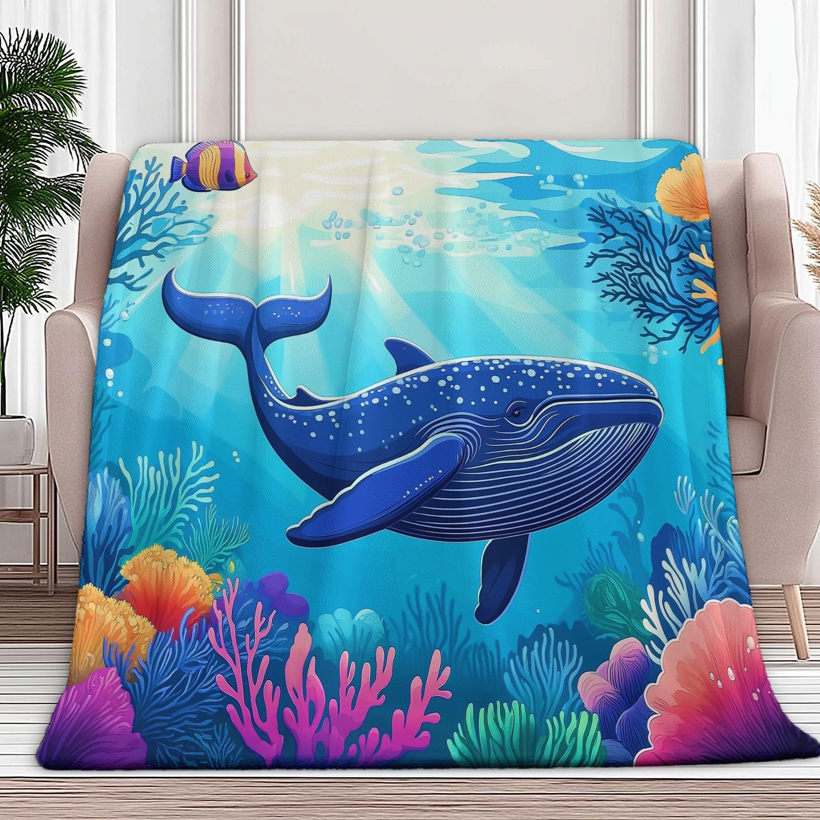 Meeresleben, wieloryby, koralowy, puszysty koc niebieski, 180 x 200 cm, miękki koc polarowy z mikrofibry, ciepły koc dzienny Sherpa, koc dzienny, jako narzuta na sofę, do salonu
