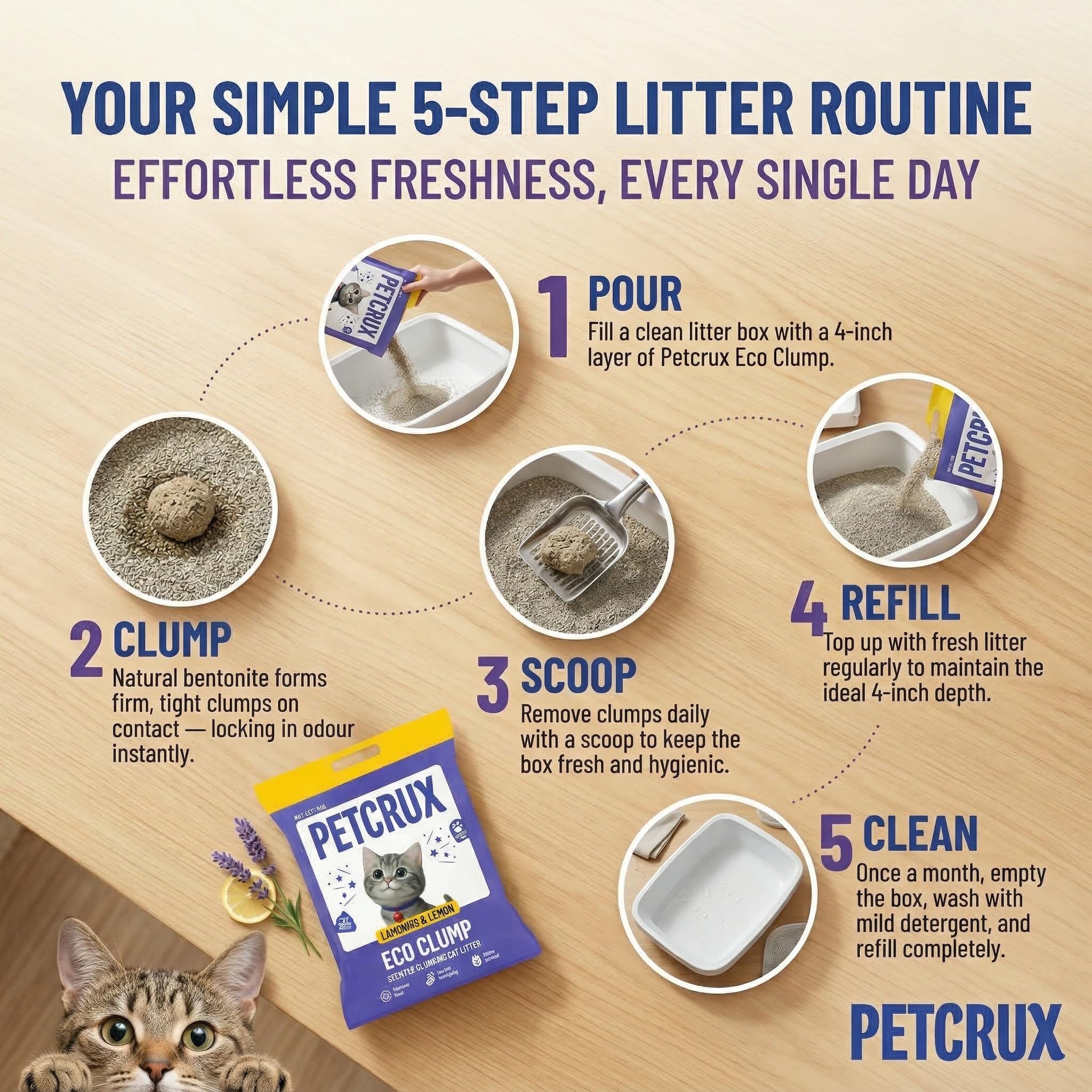 PetCrux Eco Clump Cat Litter 5kg, 2 Packs of 5kg, Lavender & Lemon Scented, 100% Natural Bentonite Clay, 99% Dust-Free, Low-Tracking, Rapid Clumping & Odour Lock, for All Breeds 3