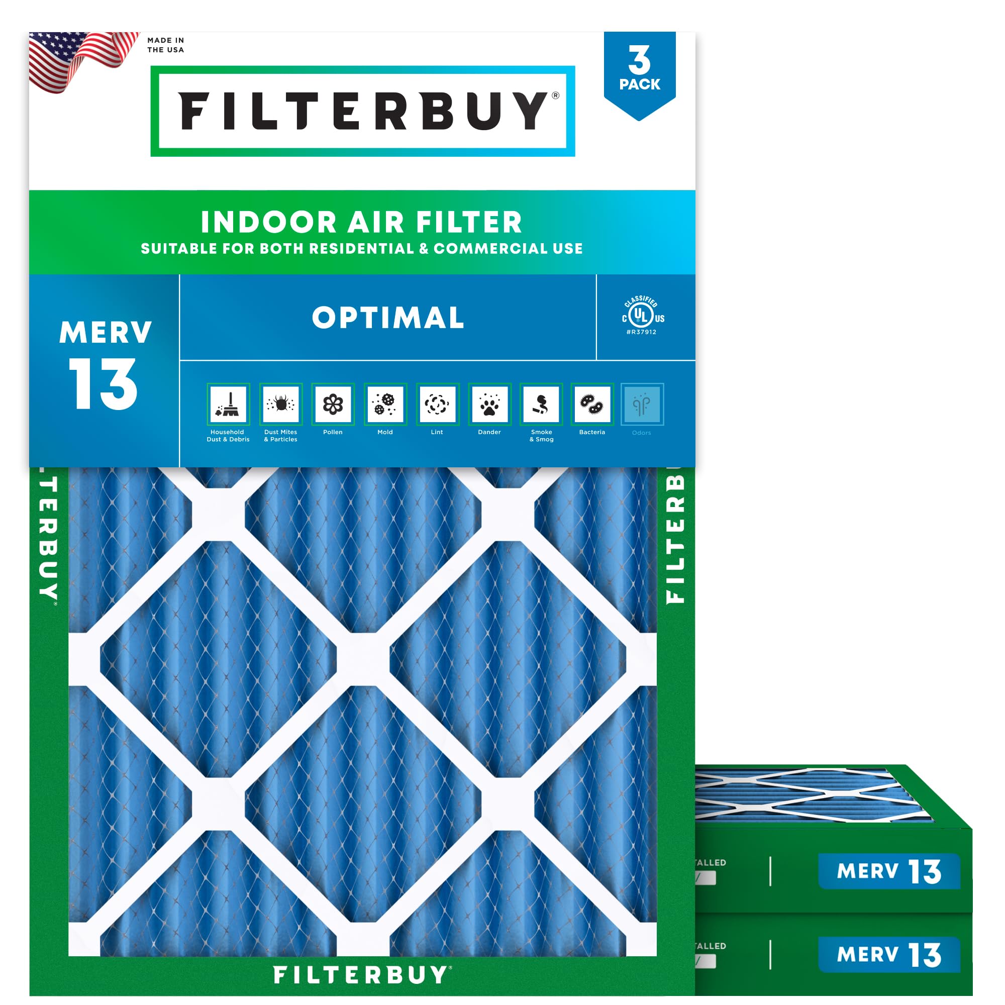 Filterbuy 14x20x2 Air Filter MERV 13 Optimal Smoke & Allergy Defense (3-Pack), Electrostatic Pleated HVAC AC Furnace Filters Replacement, Made in USA (Actual Size: 13.50 x 19.50 x 1.75)
