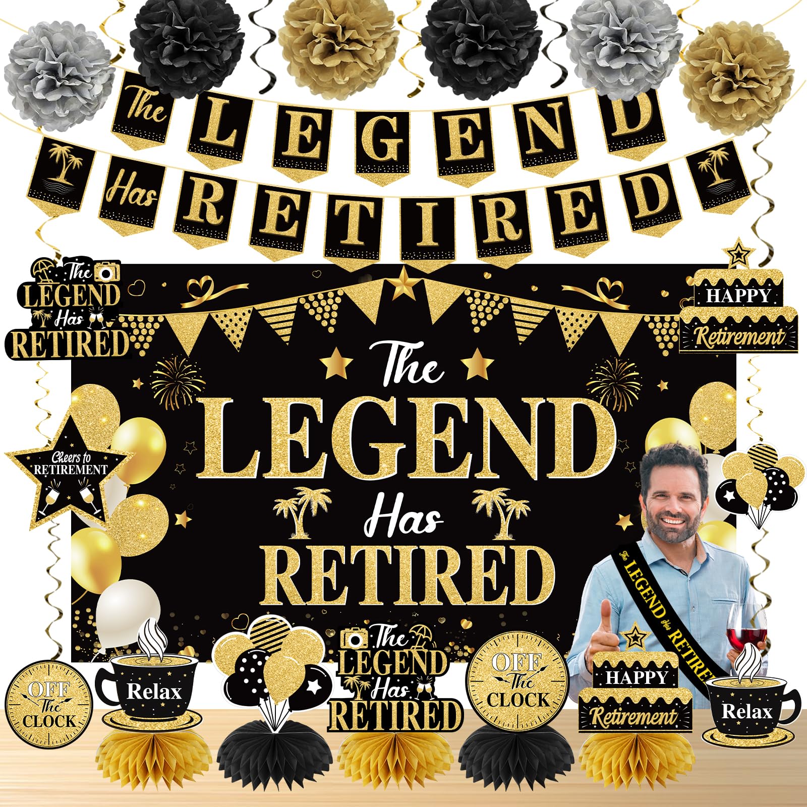 Uiorgui Retirement Party Decorations for Men Black Gold Happy Retirement Party Supplies Kit The Legend Has Retired Banner Backdrop Sash Table