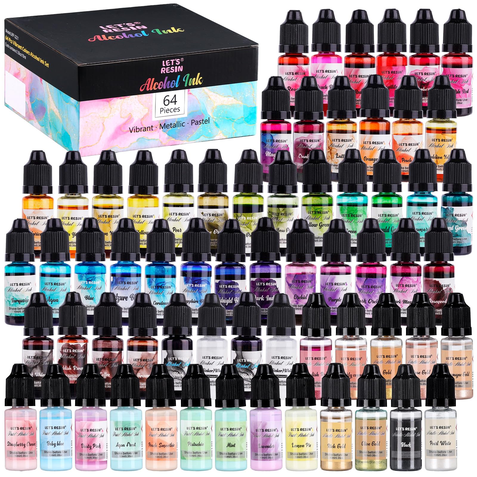 LET'S RESIN 64pcs Alcohol Ink Set, 9 Pastel and 9 Metallic Colors | High Concentrated Alcohol-Based Resin Ink for Epoxy Resin, Alcohol Paint Dye for Resin Art, Tumblers, 3D Bloom (Each 0.35oz)