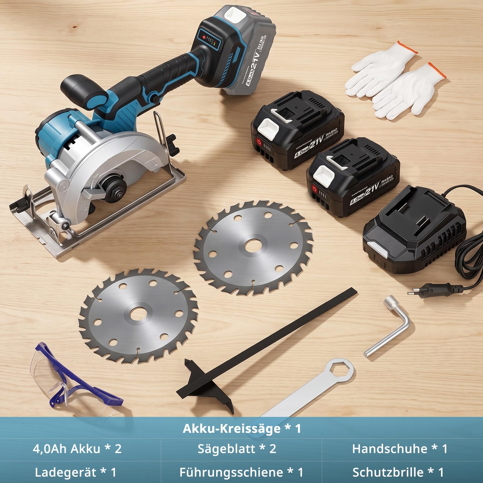 Akku Handkreissäge Kompatibel Mit Makita 18v Akku, 7200RPM Mini Kreissäge mit 2 * 4,0Ah Batterie, 45°/90° Gehrungsschnitt, Einhändiges Halten, 2PCS 140mm Sägeblätter für Holz, PVC