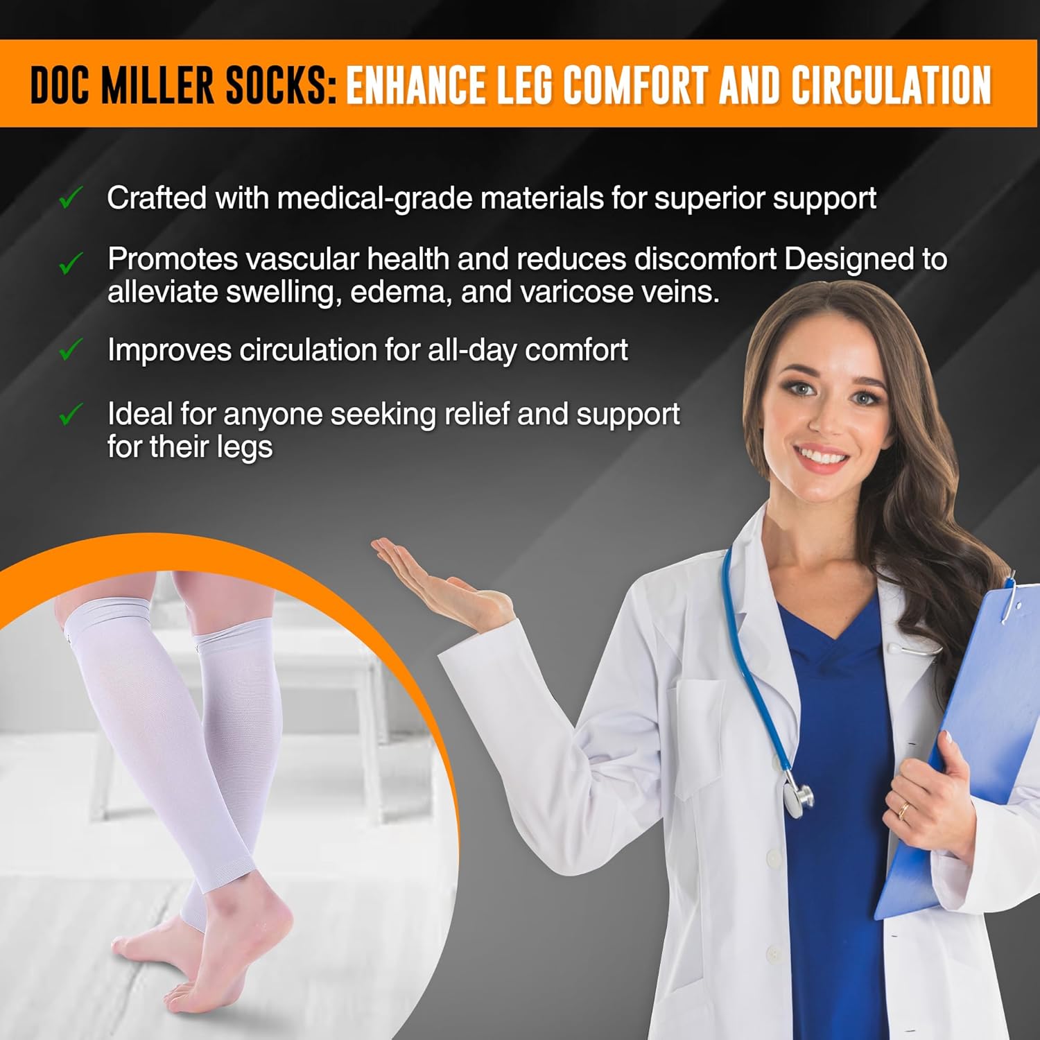 Doc Miller Calf Compression Sleeve for Men & Women – Footless Compression Socks, Knee High 30-40 mmHg, Shin Splint Relief, Leg Compression Sleeves for Running, Swelling, Nurses, Varicose Veins, 1 Pair