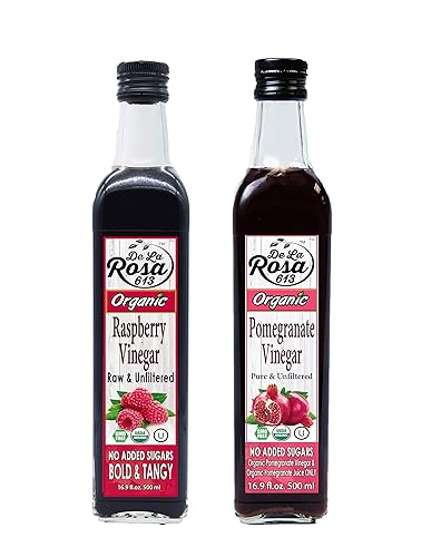 Combo orgánico de frambuesa y vinagre de granada (paquete de 2) De La Rosa 16.9 onzas 100% puro, crudo y sin filtrar Vegano, sin gluten, Kosher