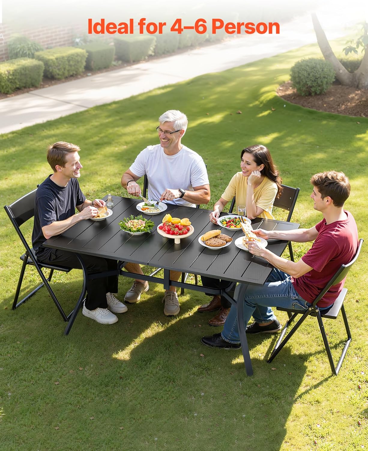 VEVOR Outdoor Patio Dining Table, 59 inch Long Rectangular Metal Steel Slat Backyard Bistro Tables for 4-6, with 1.5 in Umbrella Hole, All-Weather Large Furniture for Lawn Garden Porch, Black