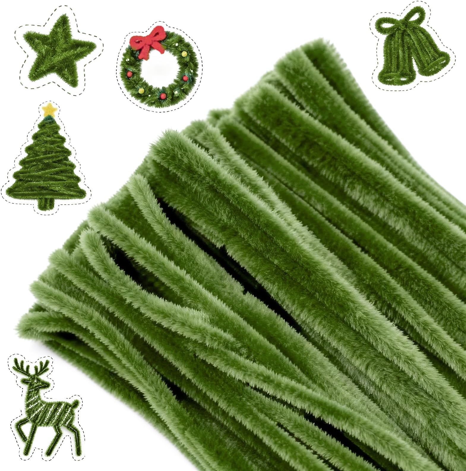 G2PLUS Sage Green Pipe Cleaners for Craft, 30cm Long Crafting Pipe Cleaners for Christmas Craft, 6mm Chenille Stem for DIY, 100PCS Pipe Cleaners for Christmas Tree Project Decoration