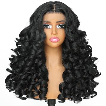X-TRESS 20 Inch Loose Wave Curly Wig 1B Off Black 13x6 HD Transparent Lace Front Wig Pre Plucked Glueless Wear and Go Synthetic Wig for Black Women