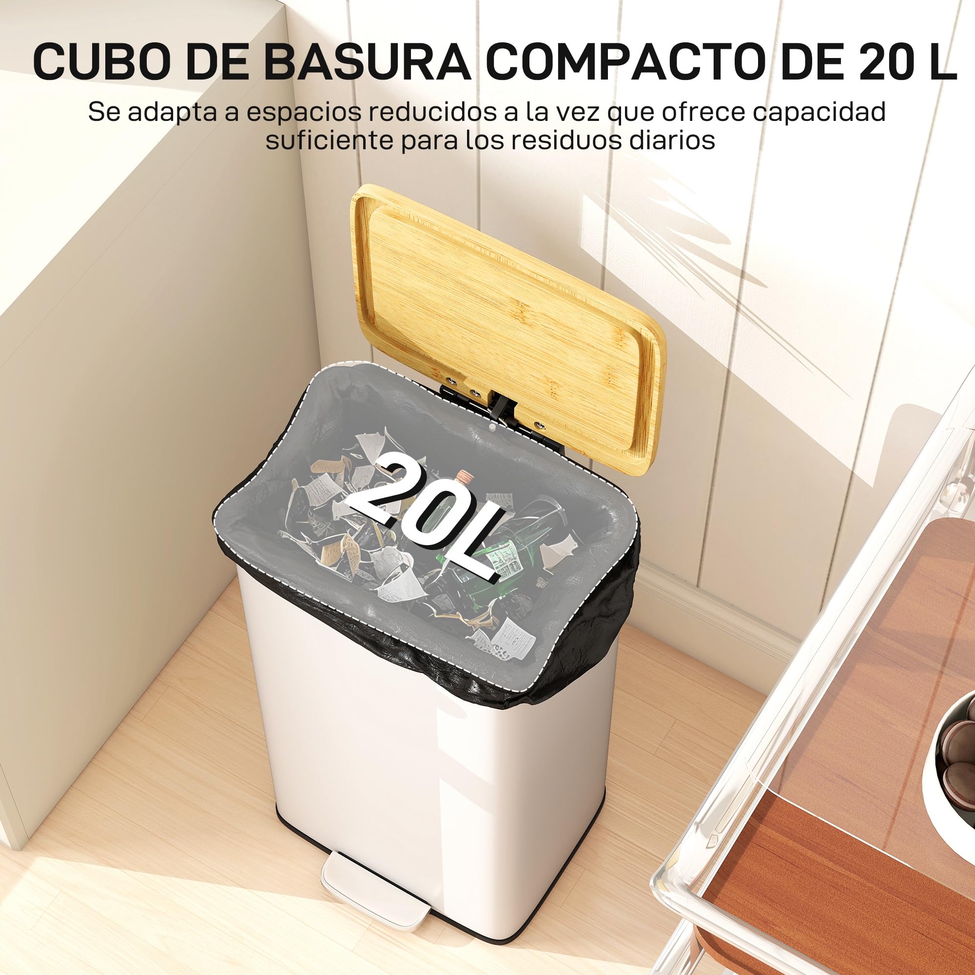HOMCOM Cubo de Basura Cocina con Pedal, 20L, Tapa de Bambú de Cierre Suave, Papelera de Cocina con Cubo Interior Extraíble, Anti-Huellas, para Dormitorio, Salón, 29,5x29,5x56,8 cm, Blanco y Natural