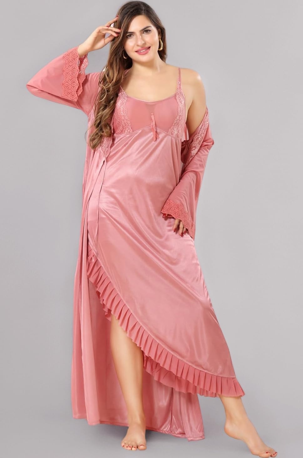 Women's Satin Maxi Night Dress Full Sleeve Gown Comfortable & Fancy Sleepwear for Ladies Ankle Length Nightwear 2pcs Set with Robe