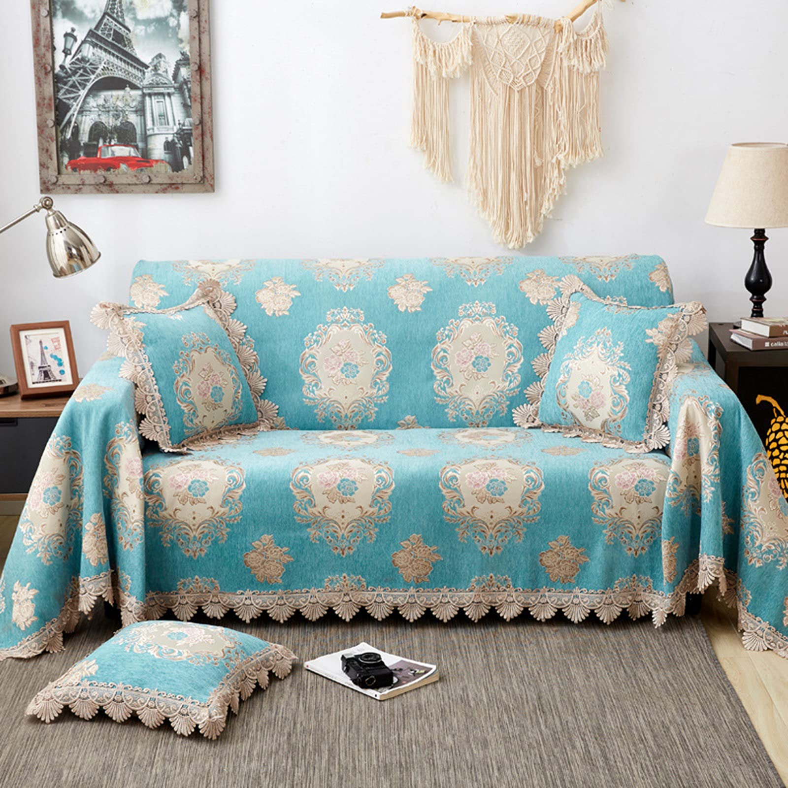 Housse canape dangle gauche 180x260 jacquard bleu