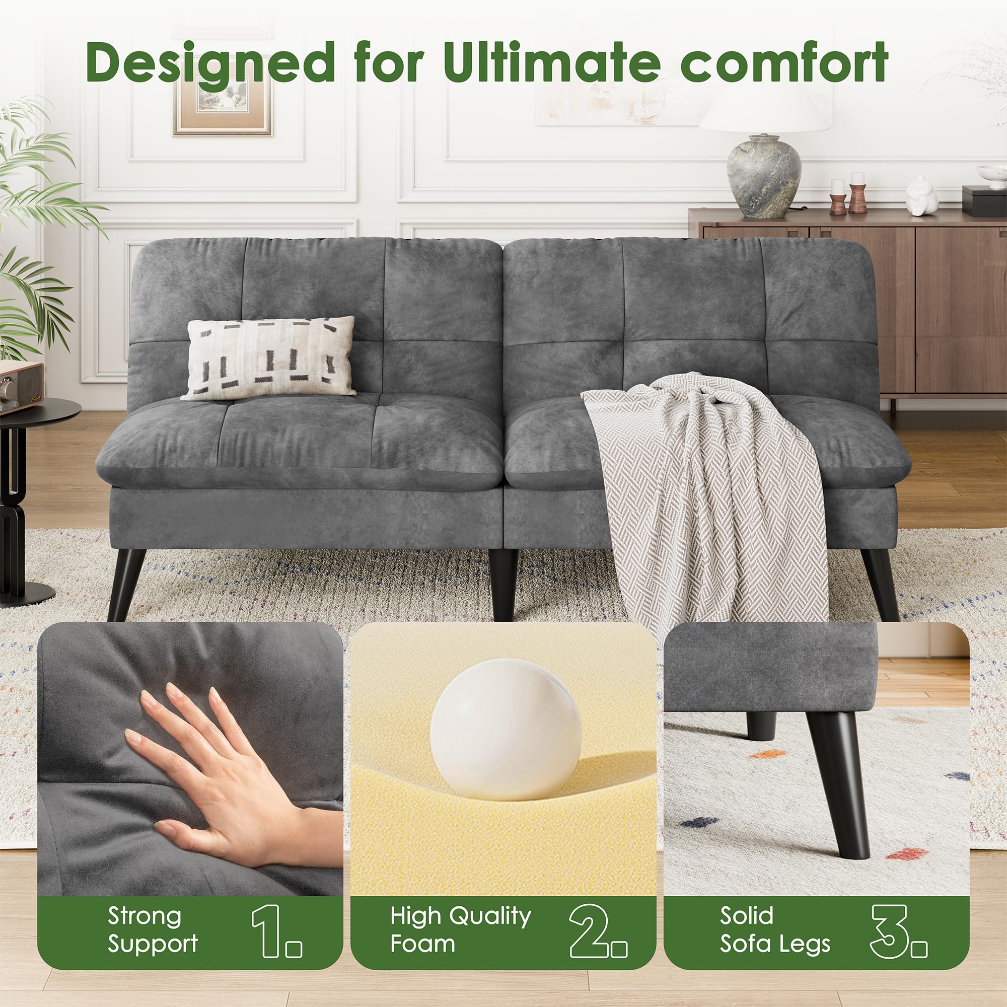 Vongrasig Futon Sofa Bed Velvet Futon Couch with Adjustable Backrest, Small Convertible Folding Sleeper Sofa Bed, Modern Loveseat for Living Room, Bedroom and Small Space, (Gray)