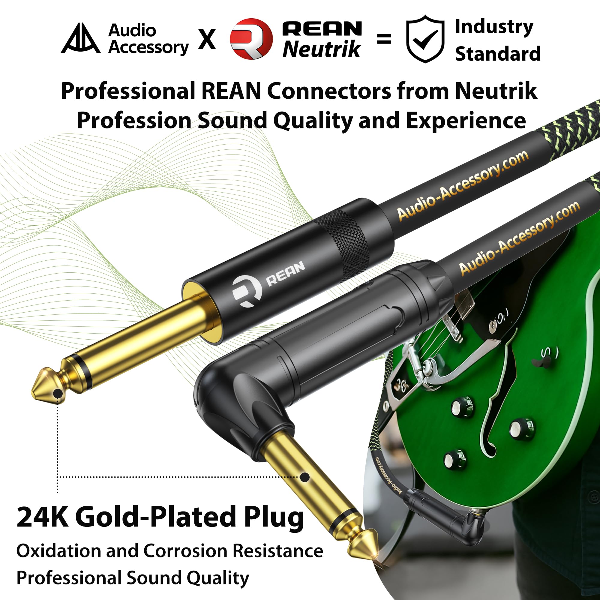 AA AUDIO ACCESSORY Pro Series - Cable de guitarra de 25 pies, conector Neutrik REAN chapado en oro, 18 AWG 99.99% OFC, cable de instrumento trenzado de nailon recto a ángulo recto de 1/4 pulgadas para