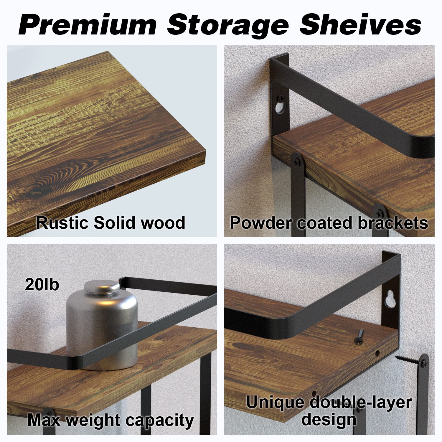 3 Tier Wall Mounted Floating Shelves Set of 2, Rustic Wood Wall Shelf with Metal Frame, Extra Storage Rack for Bathroom, Kitchen, Bedroom with Tissue Rack & Towel Bar