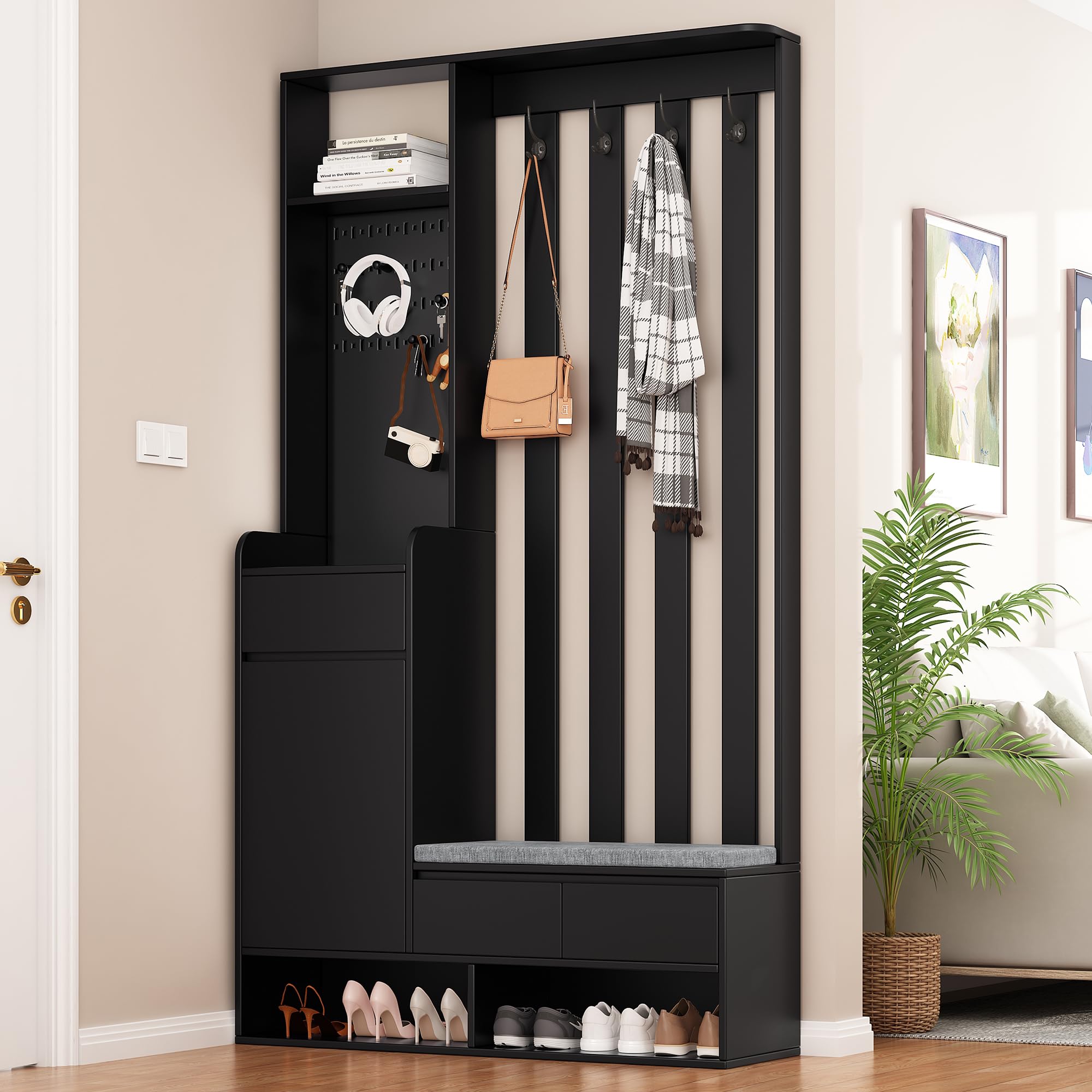 sogesfurniture Garderobe Set mit 4 Kleiderhaken, Schuhbank mit Kissen, 2 Schubladen, Schuhschrank mit Stecktafel, Schwarz