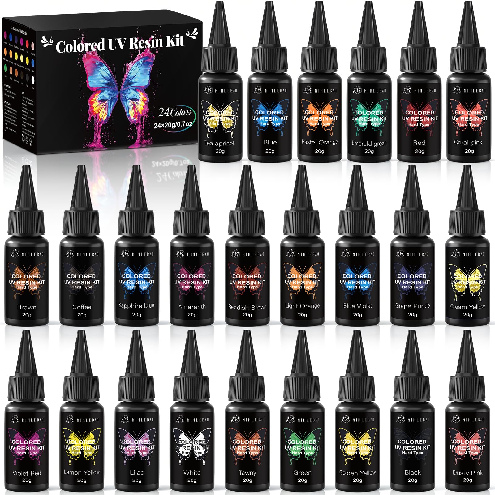 Minlebao Colors UV Resin Kit - Fast Curing Crystal Clear Epoxy Resin for Jewelry Making, DIY Crafts, Nail Art ，High-Hardness & Safety (20g/0.68oz Each) (24)