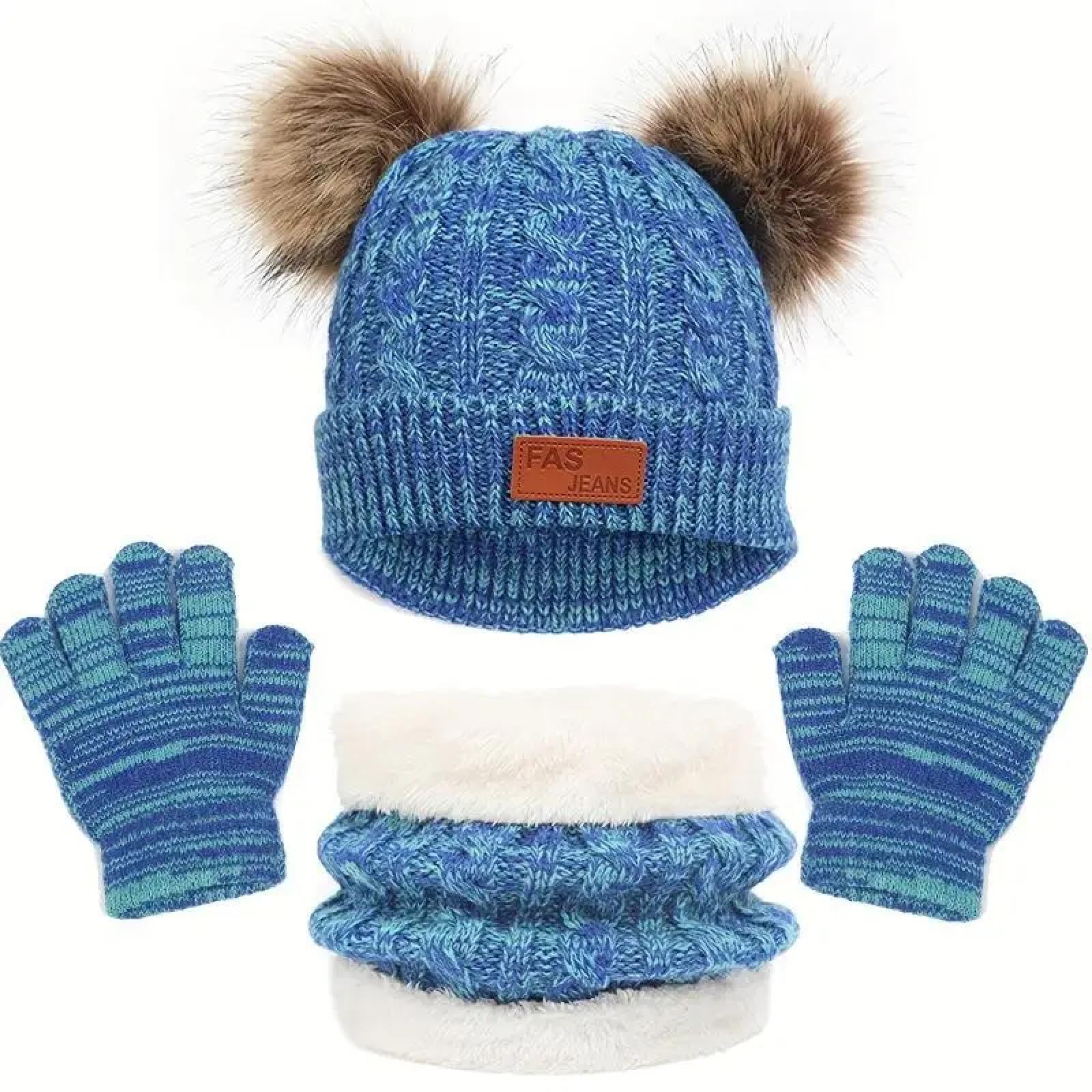 Strickmützen Hüte Mützen Caps Beanie Mütze Beanie Kinder Winter Beanie Mütze Schal Handschuhe Warmer Anzug Für Kinder 1-10 Jahre Alt Mädchen Jungen Warme Doppel Pompoms Strickmütze