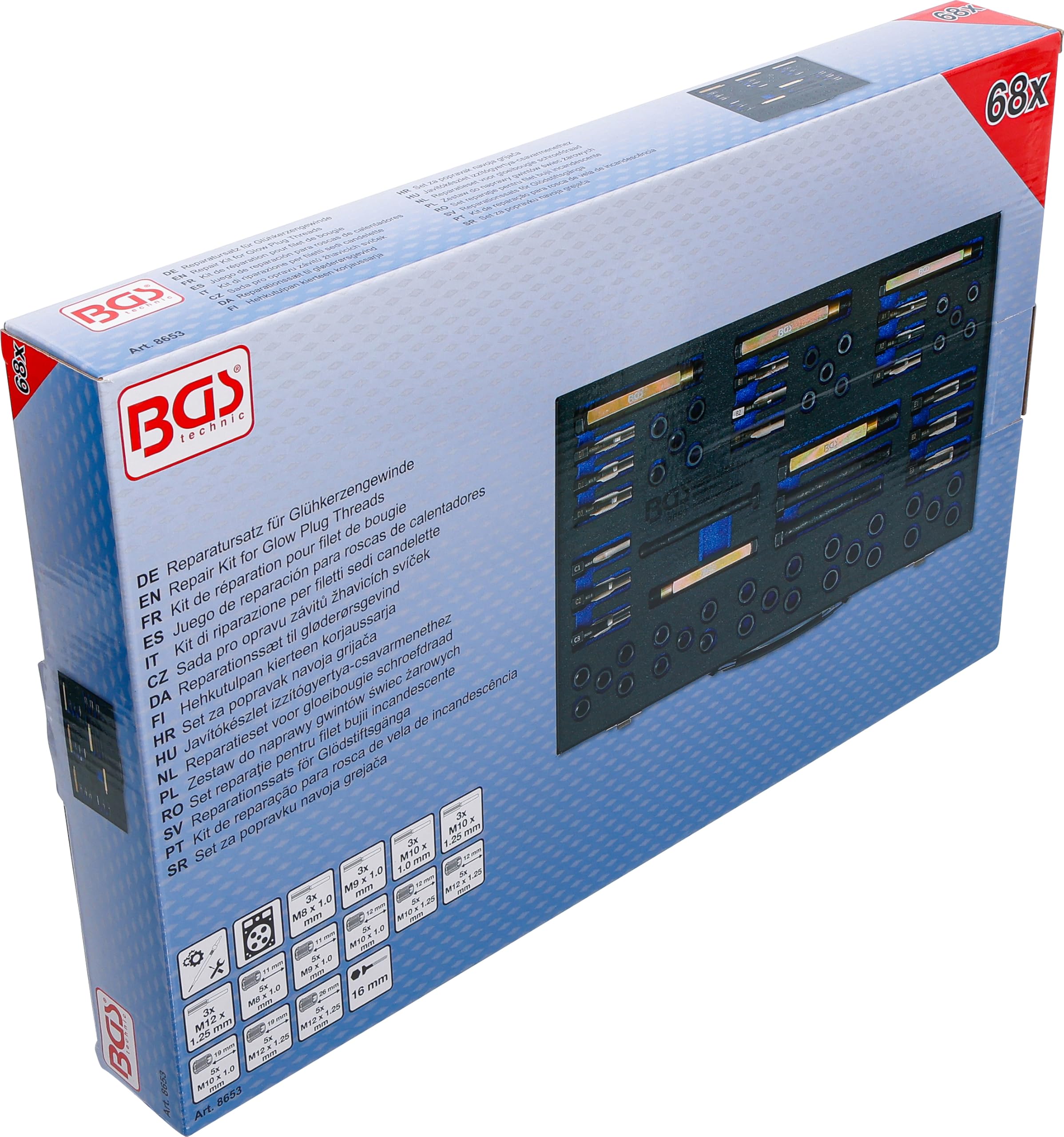 BGS 8653 | Juego de reparación para roscas de calentadores | M8 - M9 - M10 - M12 | 5 escariadores | 10 machos de roscar | 5 herramientas de montaje | 40 casquillos roscados | longitudes 11, 12, 19, 26 mm