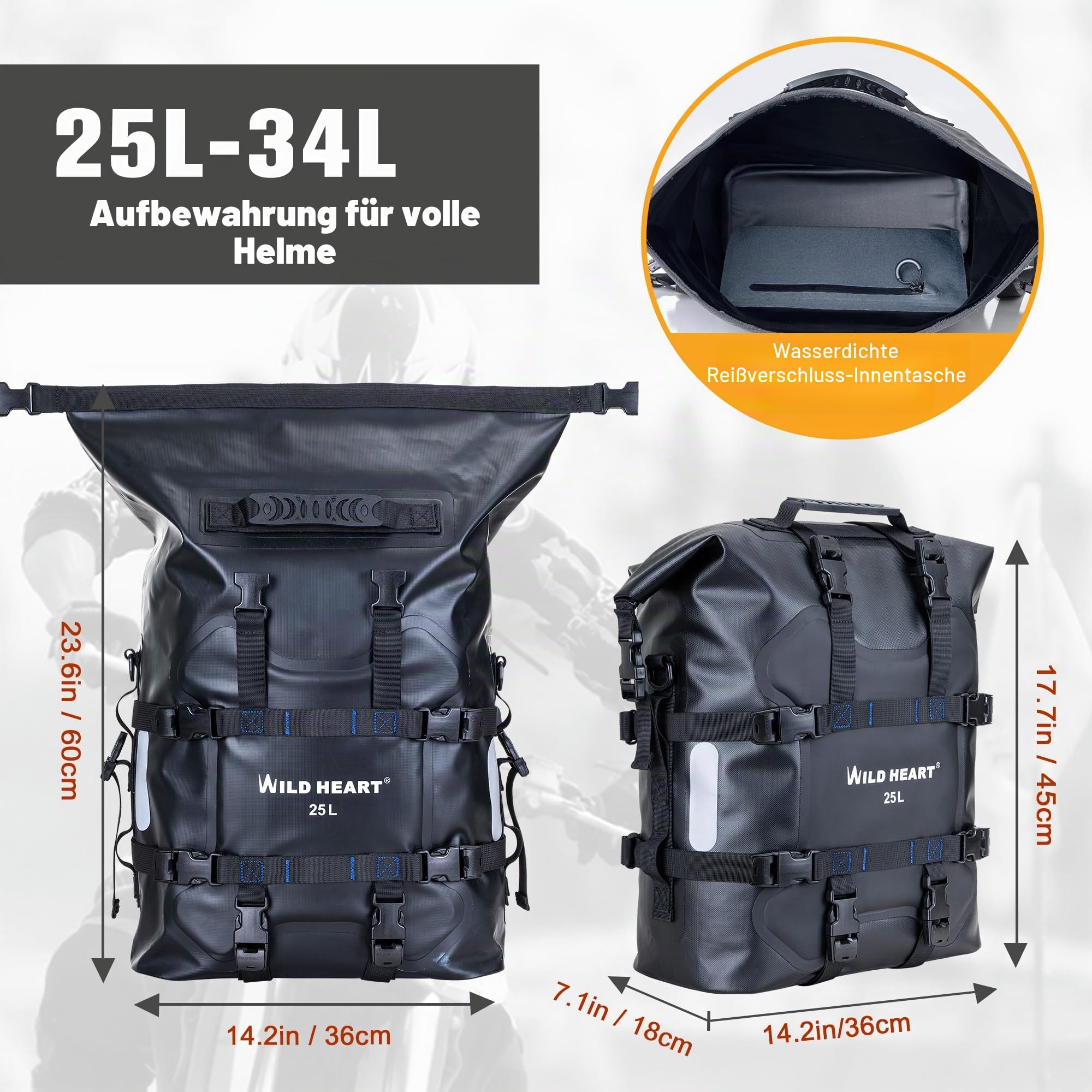 WILD HEART Motorrad Seitentasche Edelstahl Federung wasserdichte Tasche 20L/25L wasserdicht Pianner verschleißfest Allzweck-Bike-Zubehör (Schwarz TPU, 25L,One PCS)