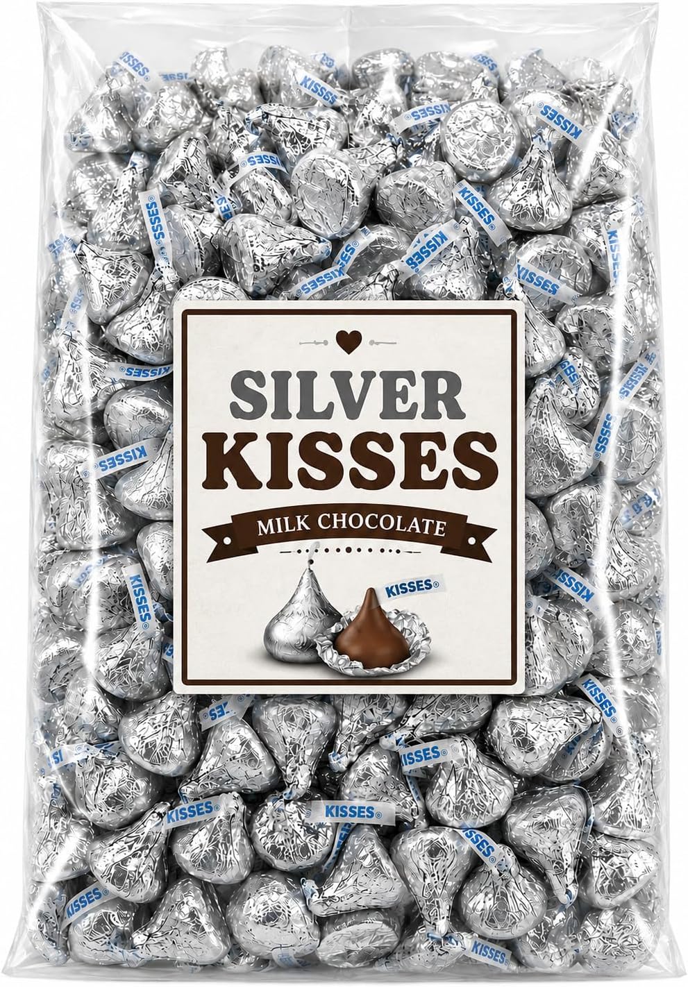 Hershey Silver Kisses Milk Chocolate Candy Bulk, 2 Lbs Silver Foil Wrapped Kisses, Individually Wrapped Party Candies, Pinata, Candy Bowls, Candy Jars
